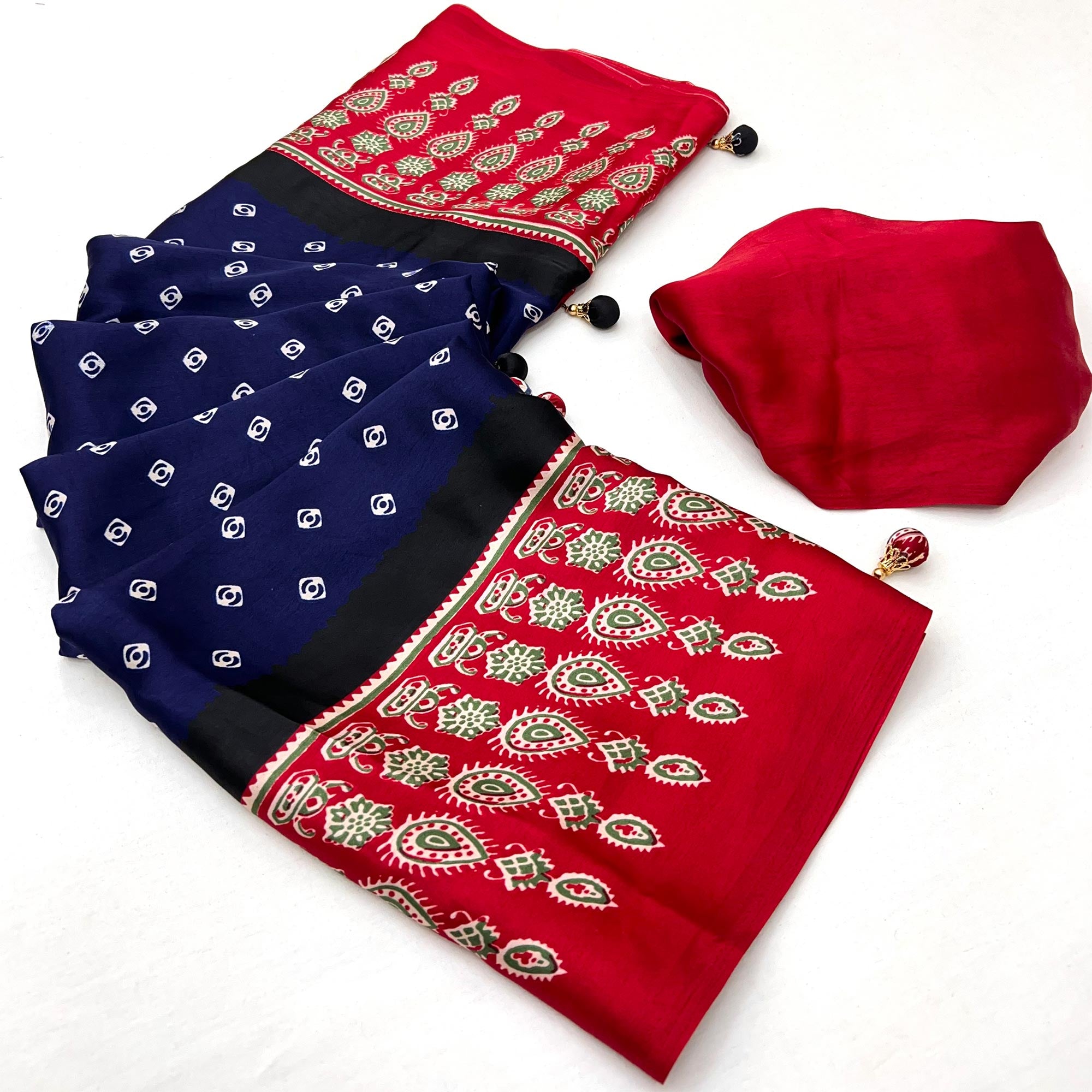 Blue Ajrakh Printed Modal Satin Saree with Traditional Ajrakh Charm