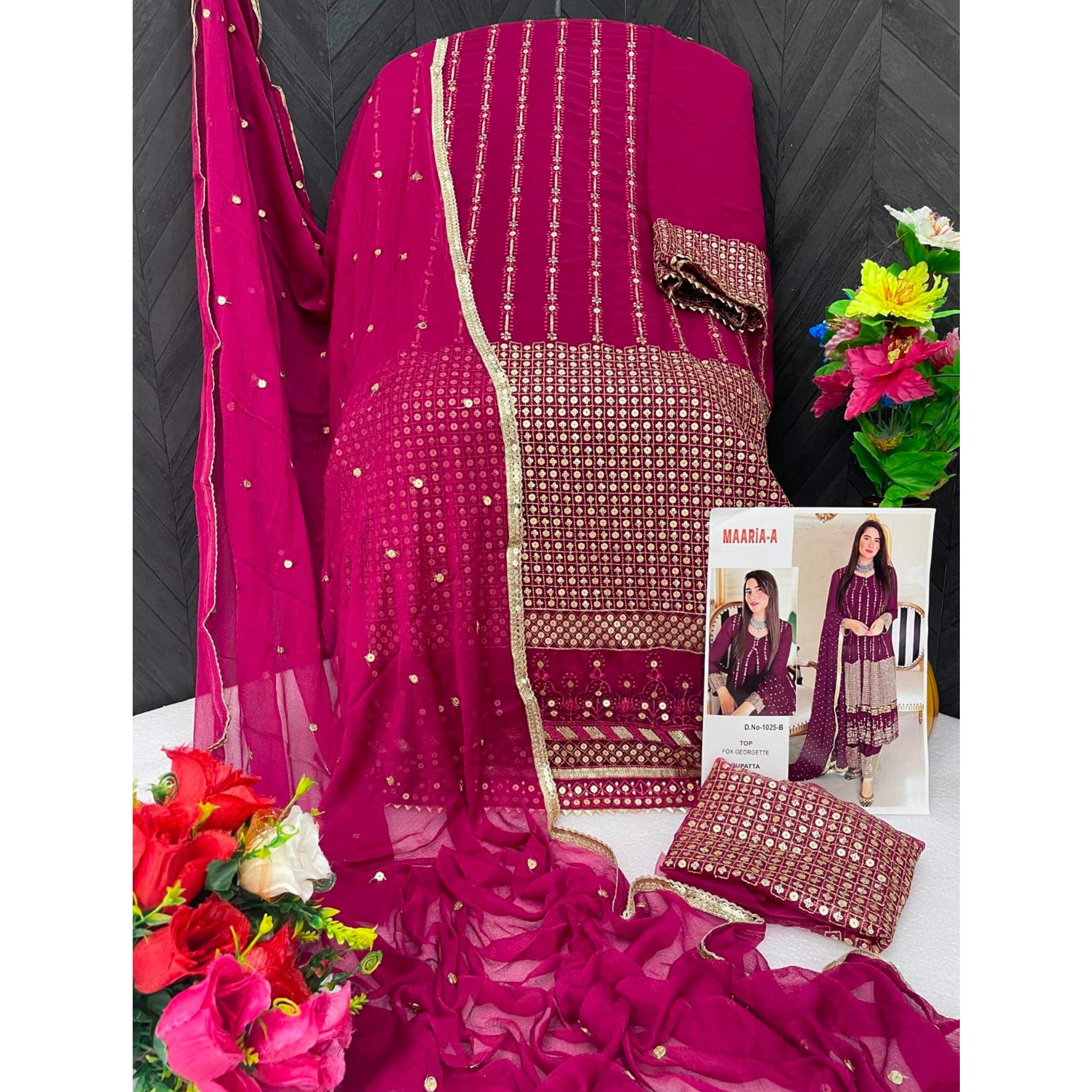 Rani Pink Sequins Embroidered Georgette Semi Stitched Salwar Suit