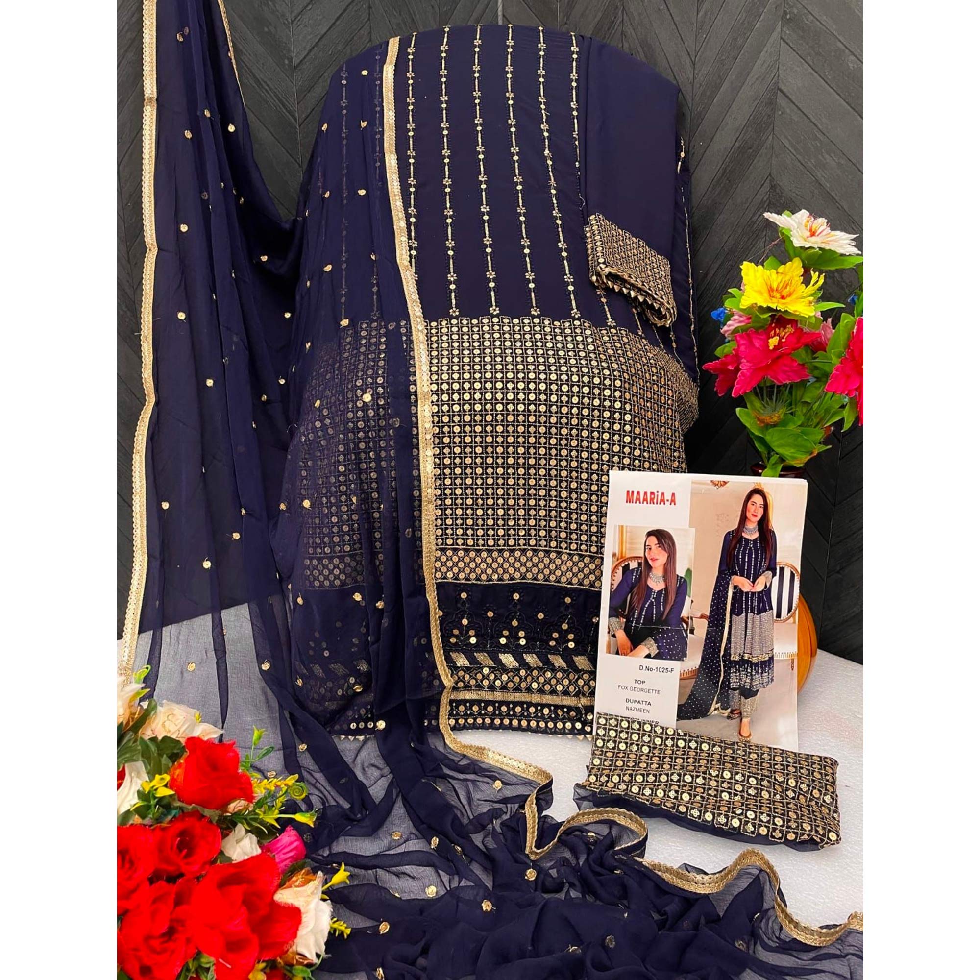 Navy Blue Sequins Embroidered Georgette Semi Stitched Salwar Suit