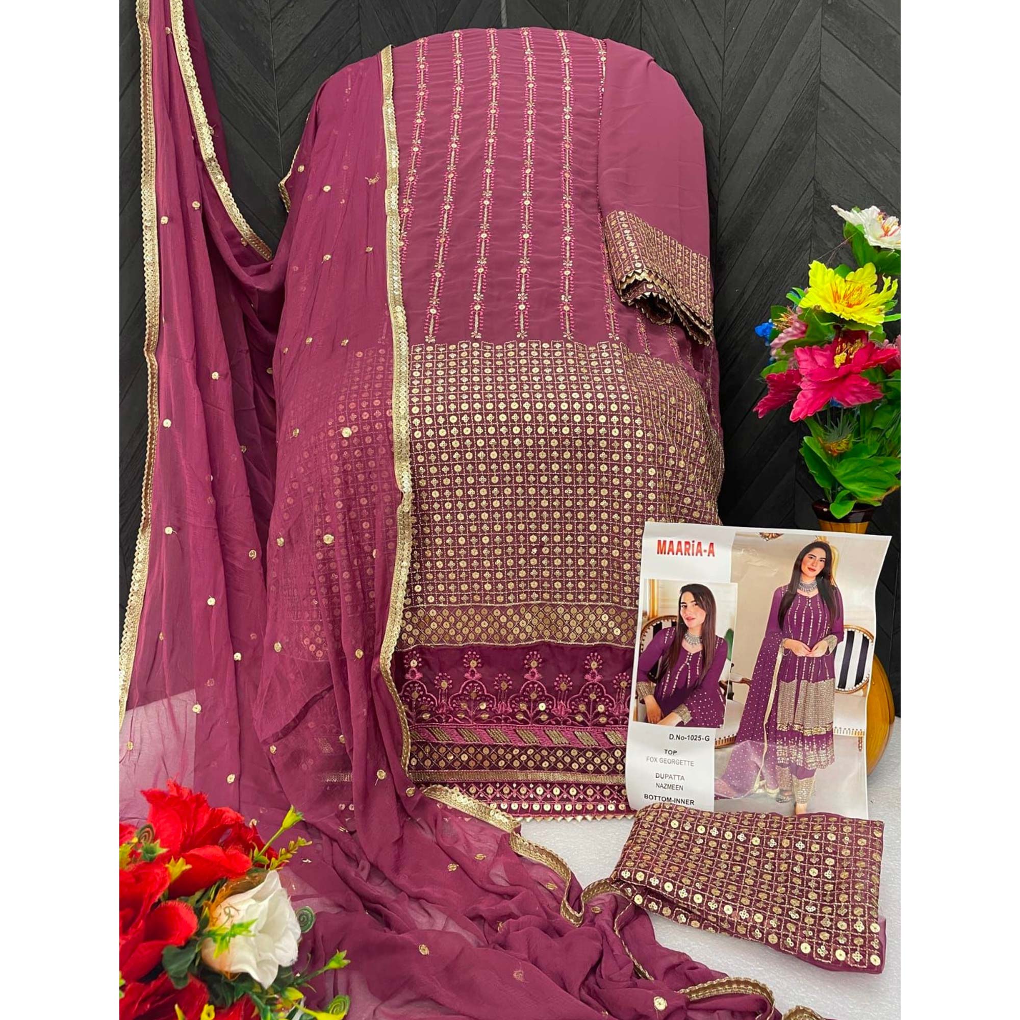 Pink Sequins Embroidered Georgette Semi Stitched Salwar Suit