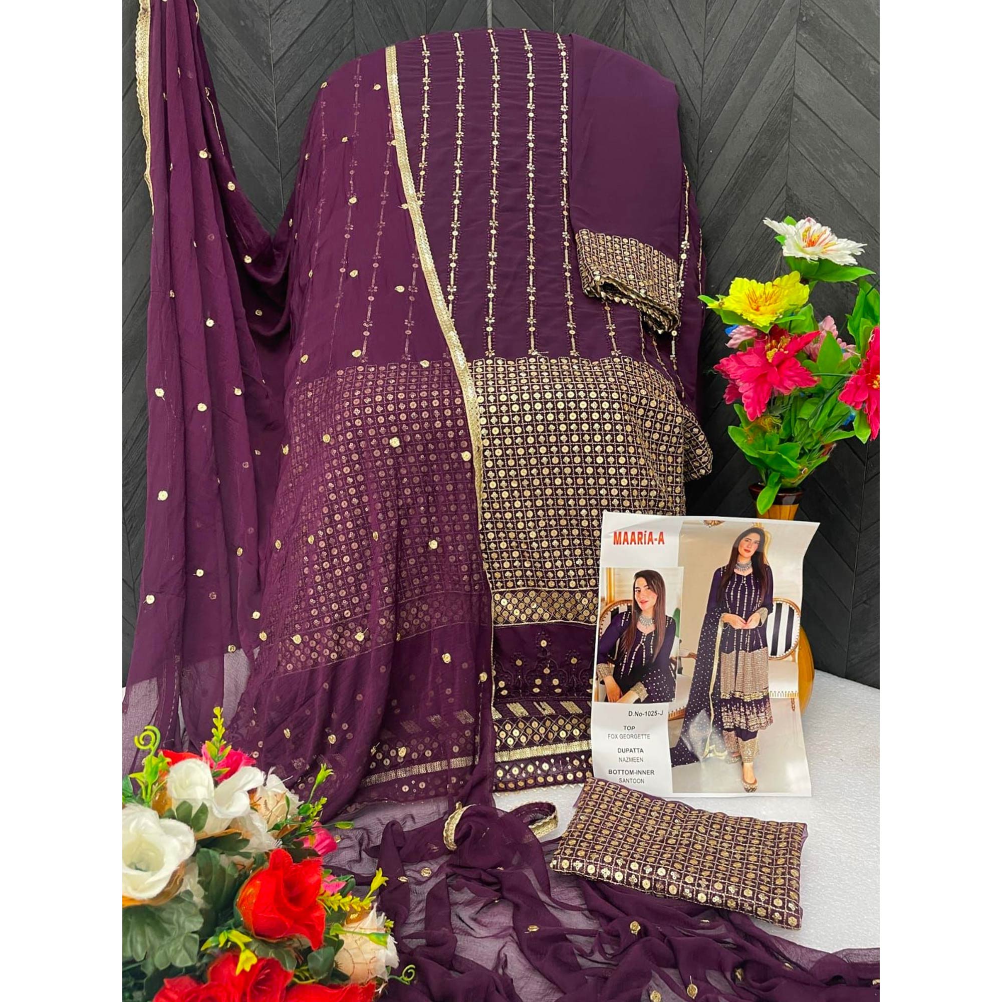 Wine Sequins Embroidered Georgette Semi Stitched Salwar Suit
