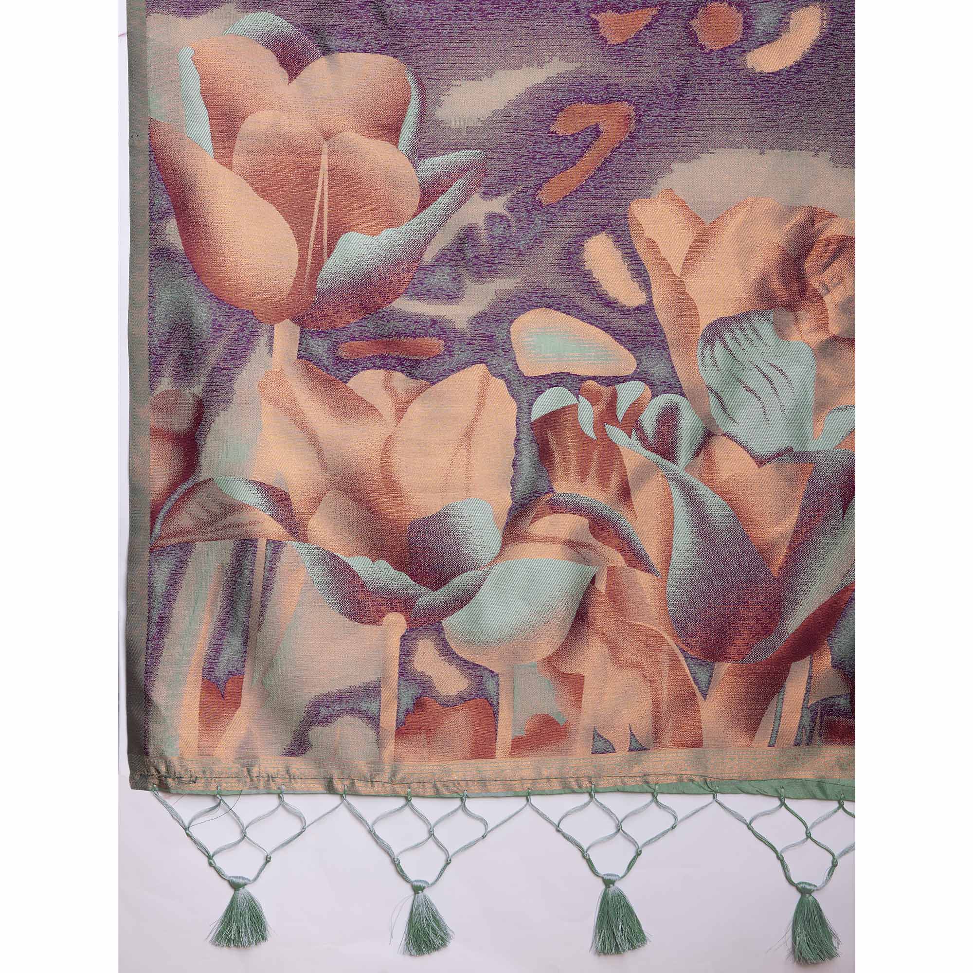 Sea Green Floral Woven Banarasi Silk Saree