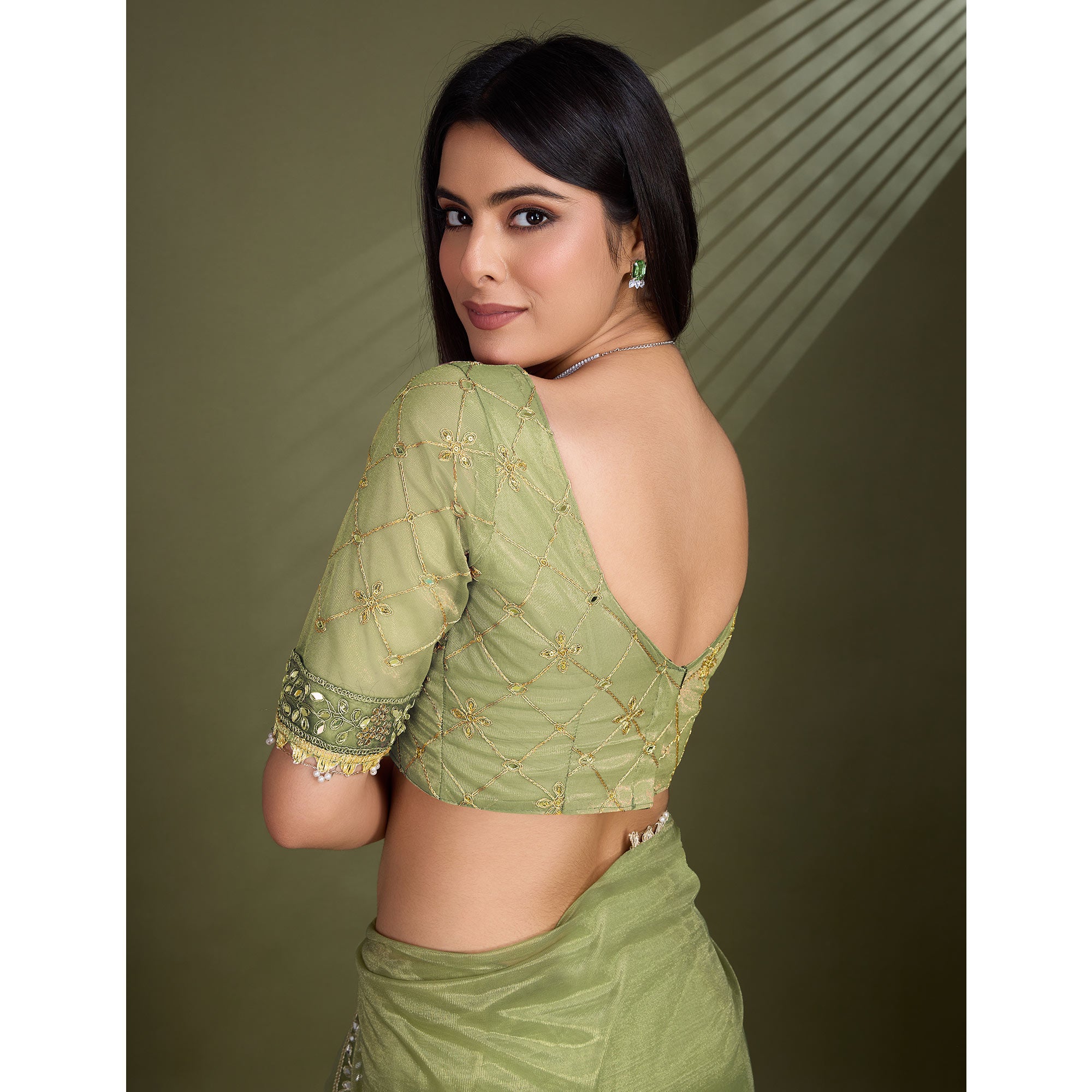 Green Sequins Embroidery With Mirror Handwork Twill Net Saree