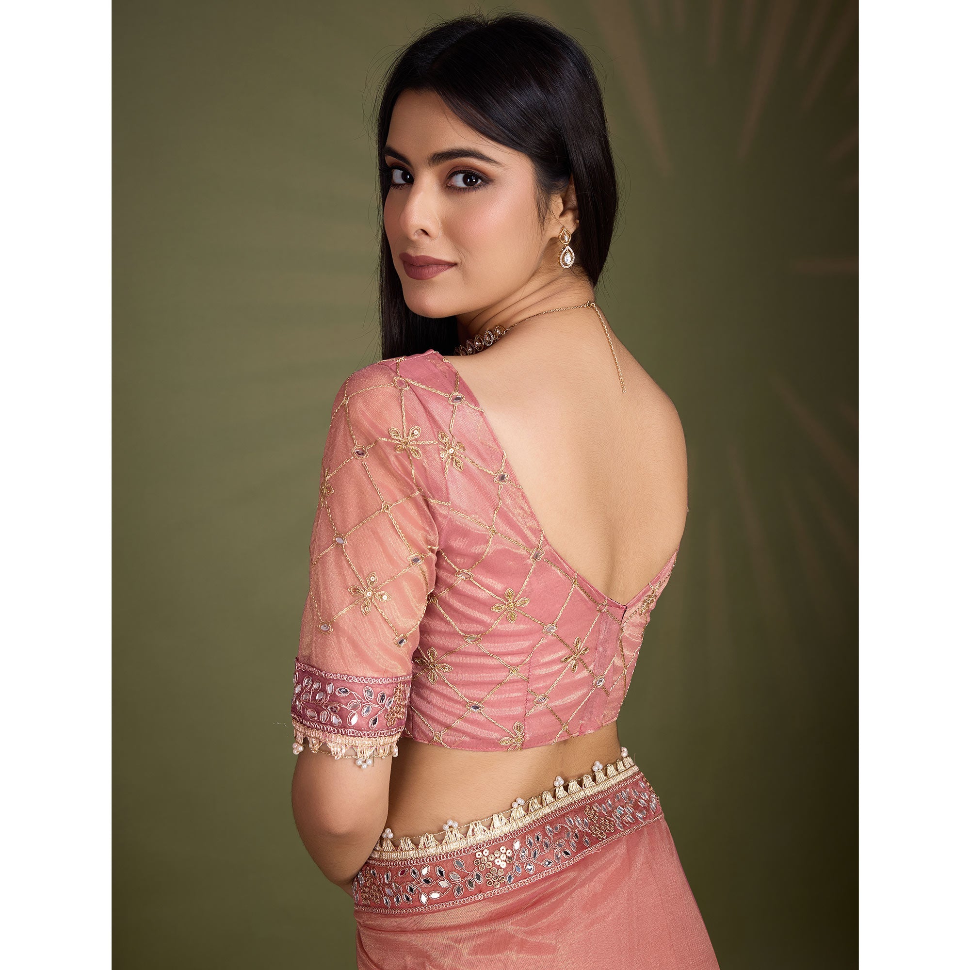 Peach Sequins Embroidery With Mirror Handwork Twill Net Saree