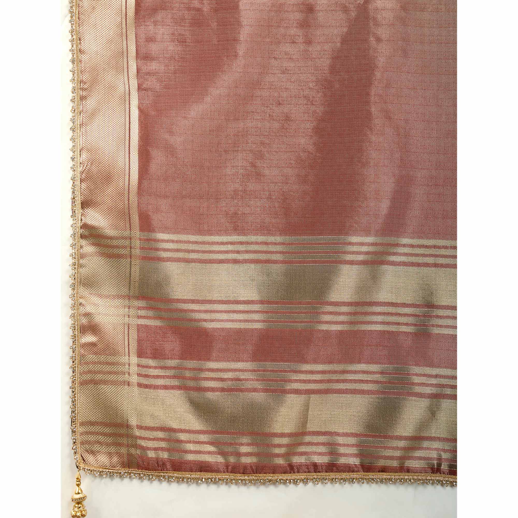 Brown Solid Linen Tissue Saree With Weaving & Zarkan Lace Border