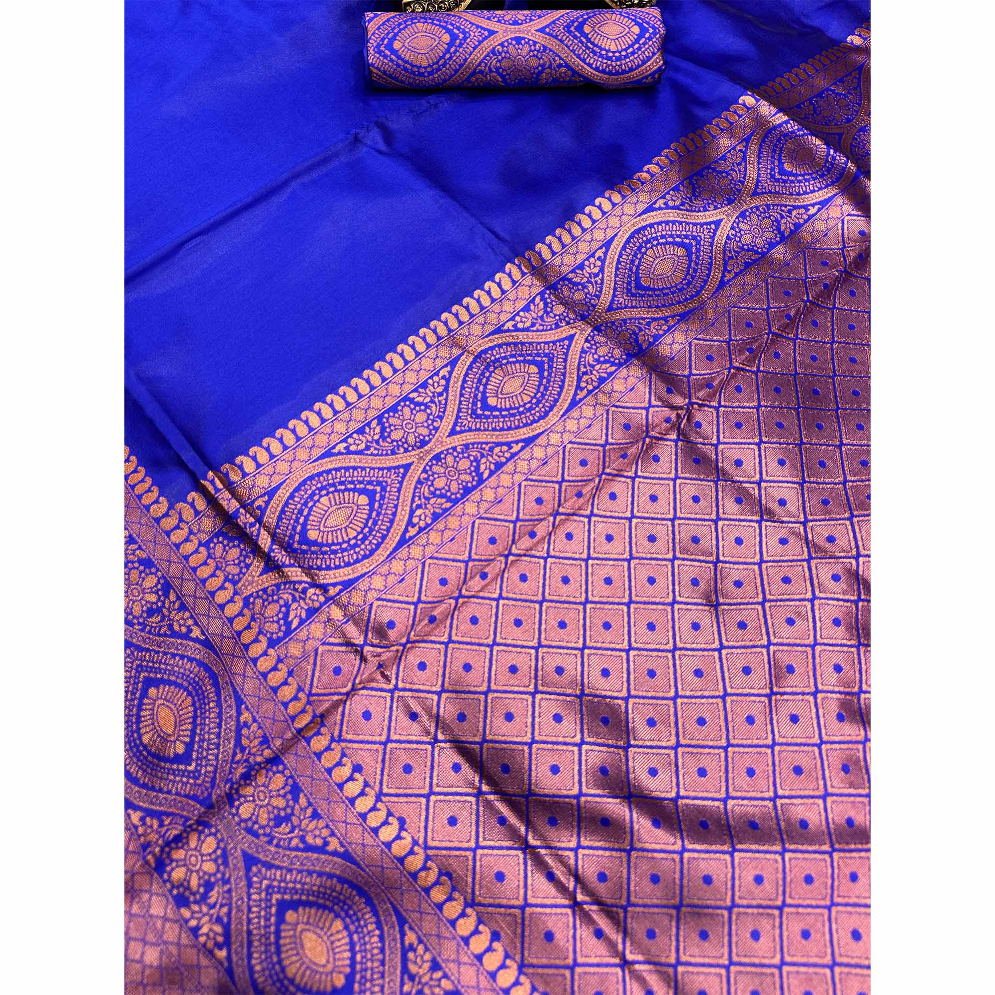 Majestic Royal Blue Floral Zari Woven Lichi Banarasi Silk Saree