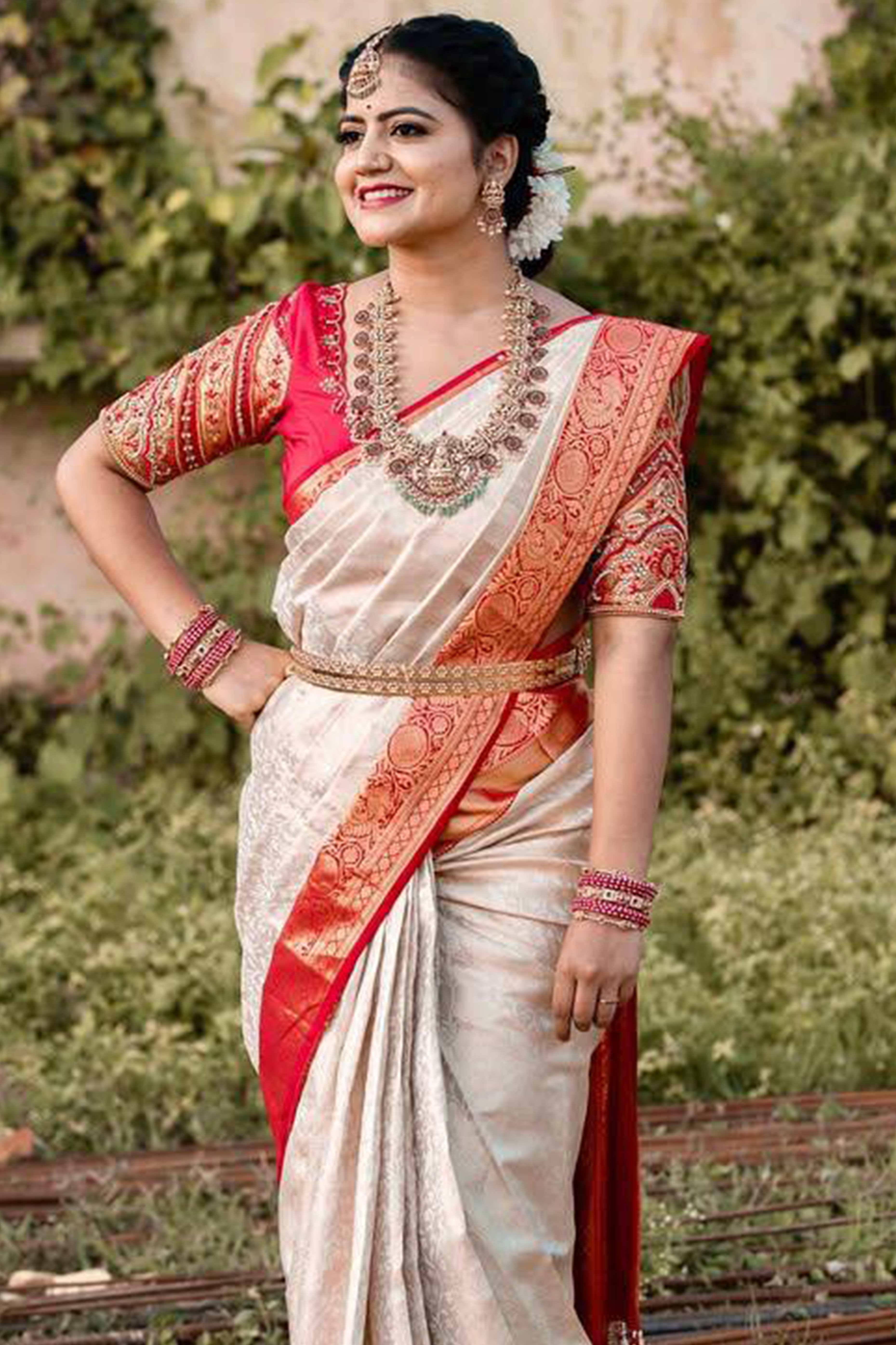 Off-White Banarasi Silk Saree With Delicate Zari Weaving For A Graceful Look