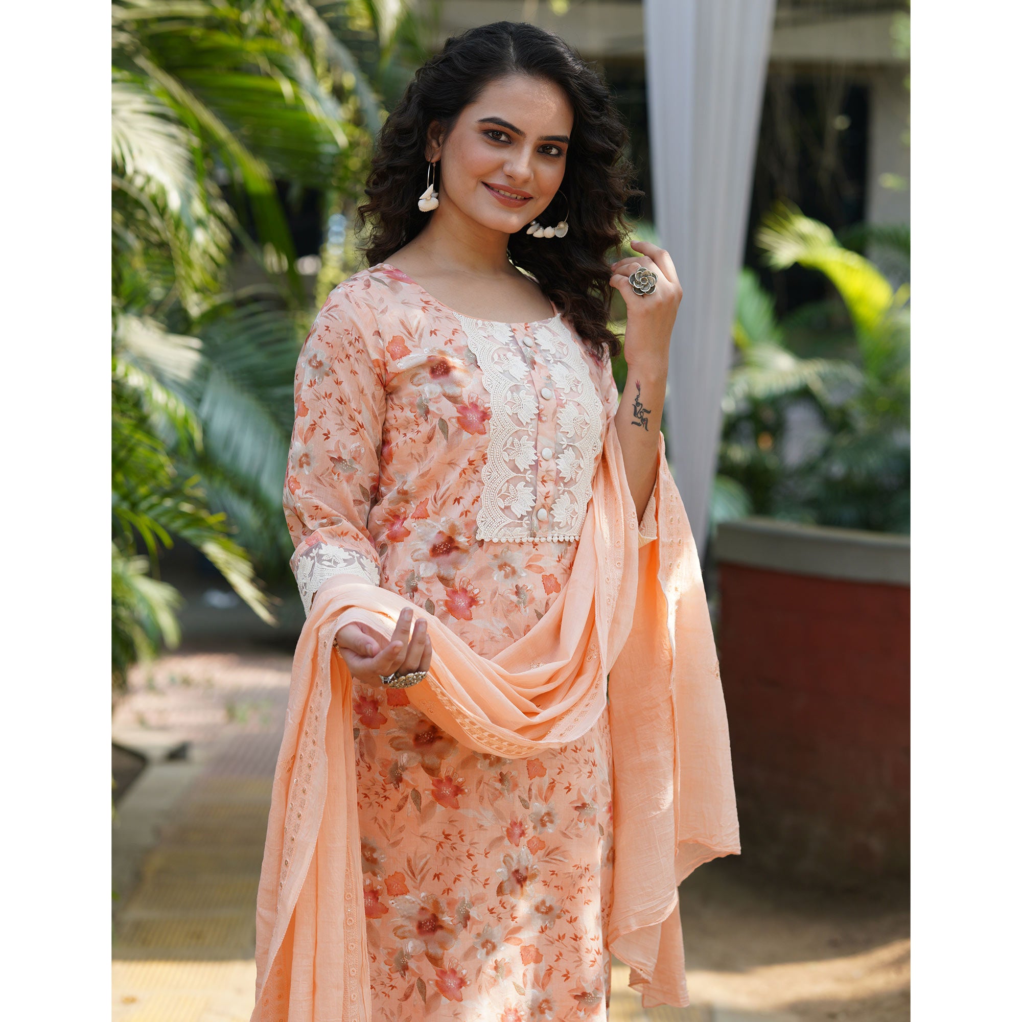 Peach Straight Pure Cotton Suit With Foil Print & Yoke Embroidery