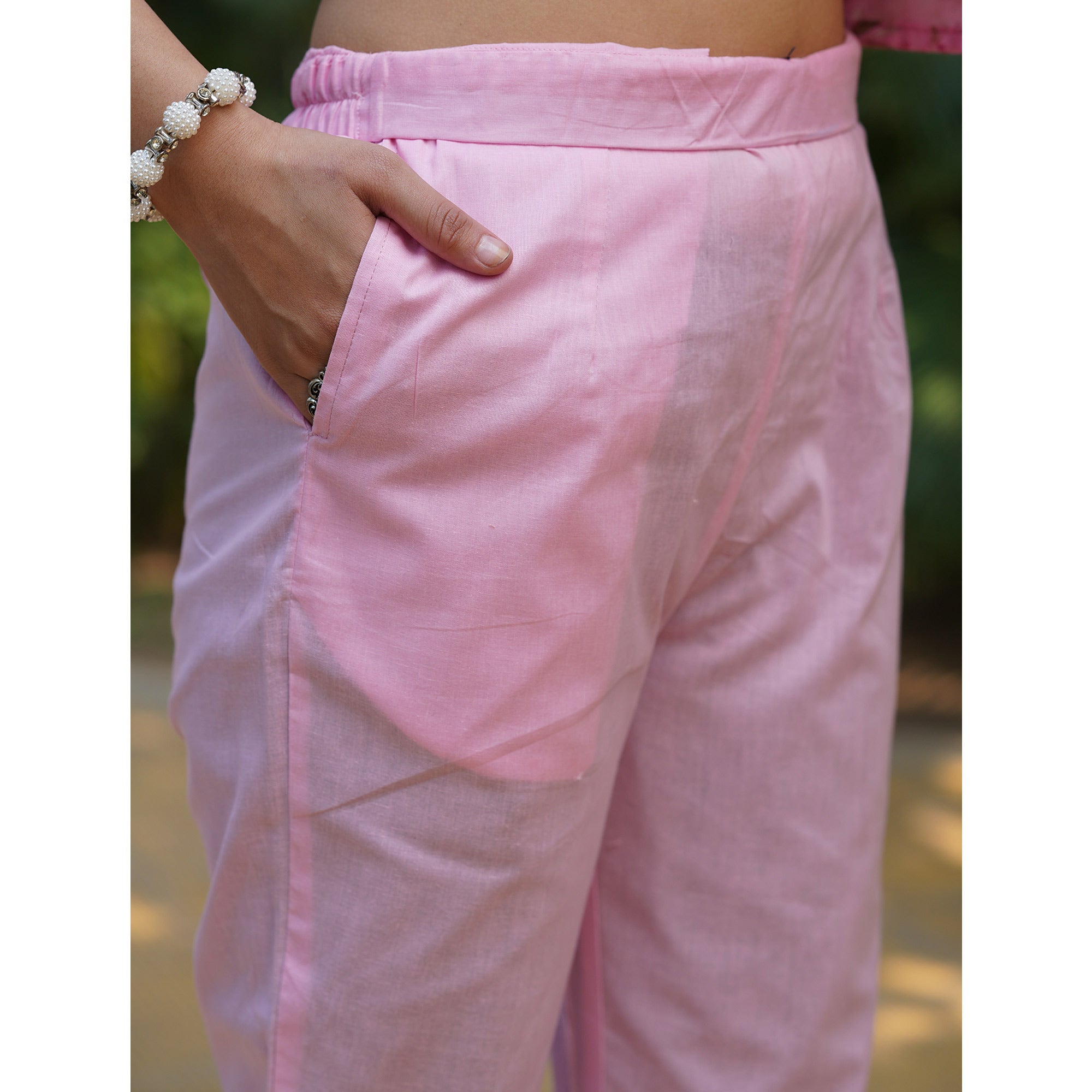 Pink Straight Pure Cotton Suit With Foil Print & Yoke Embroidery