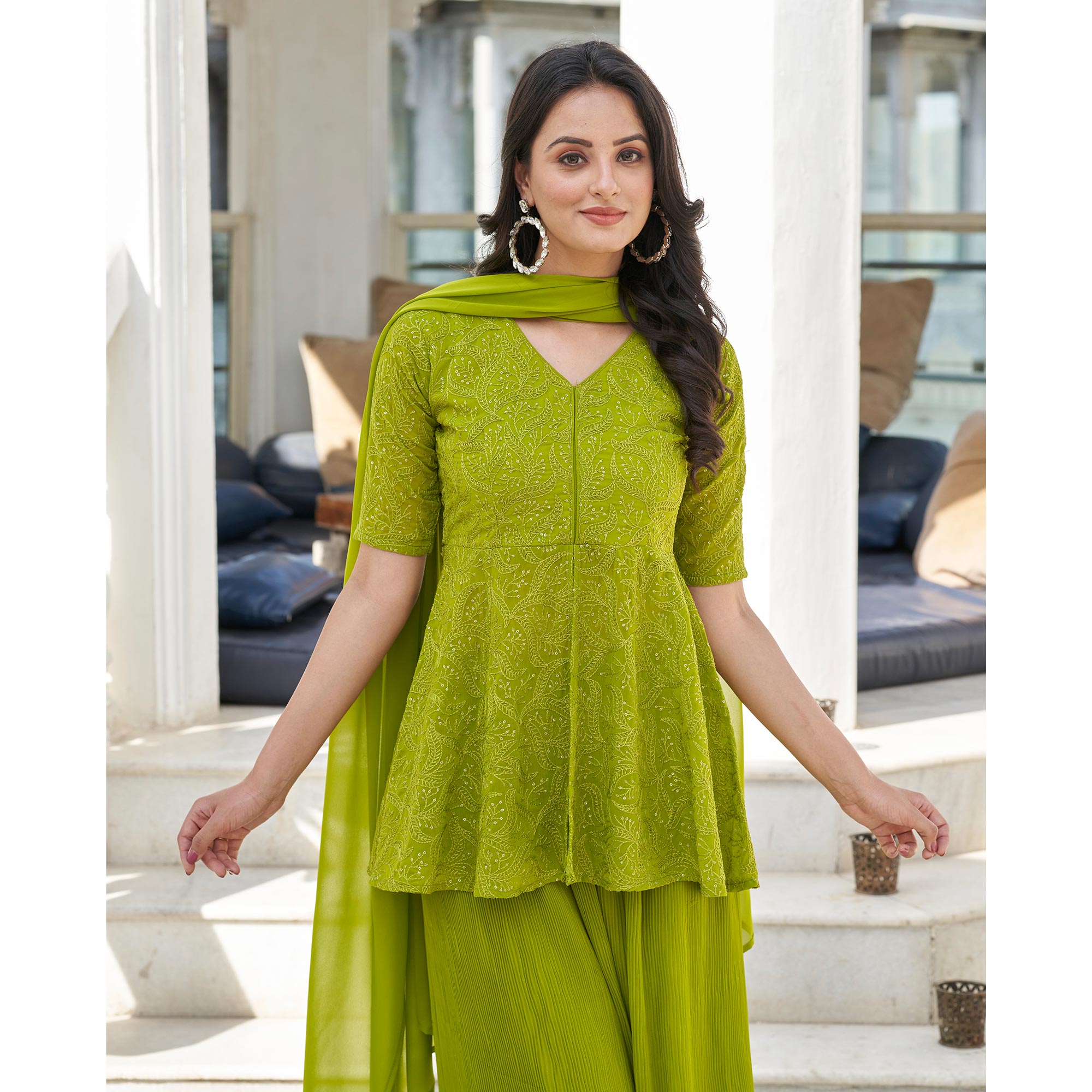 Green Sequins Embroidered Georgette Palazzo Suit