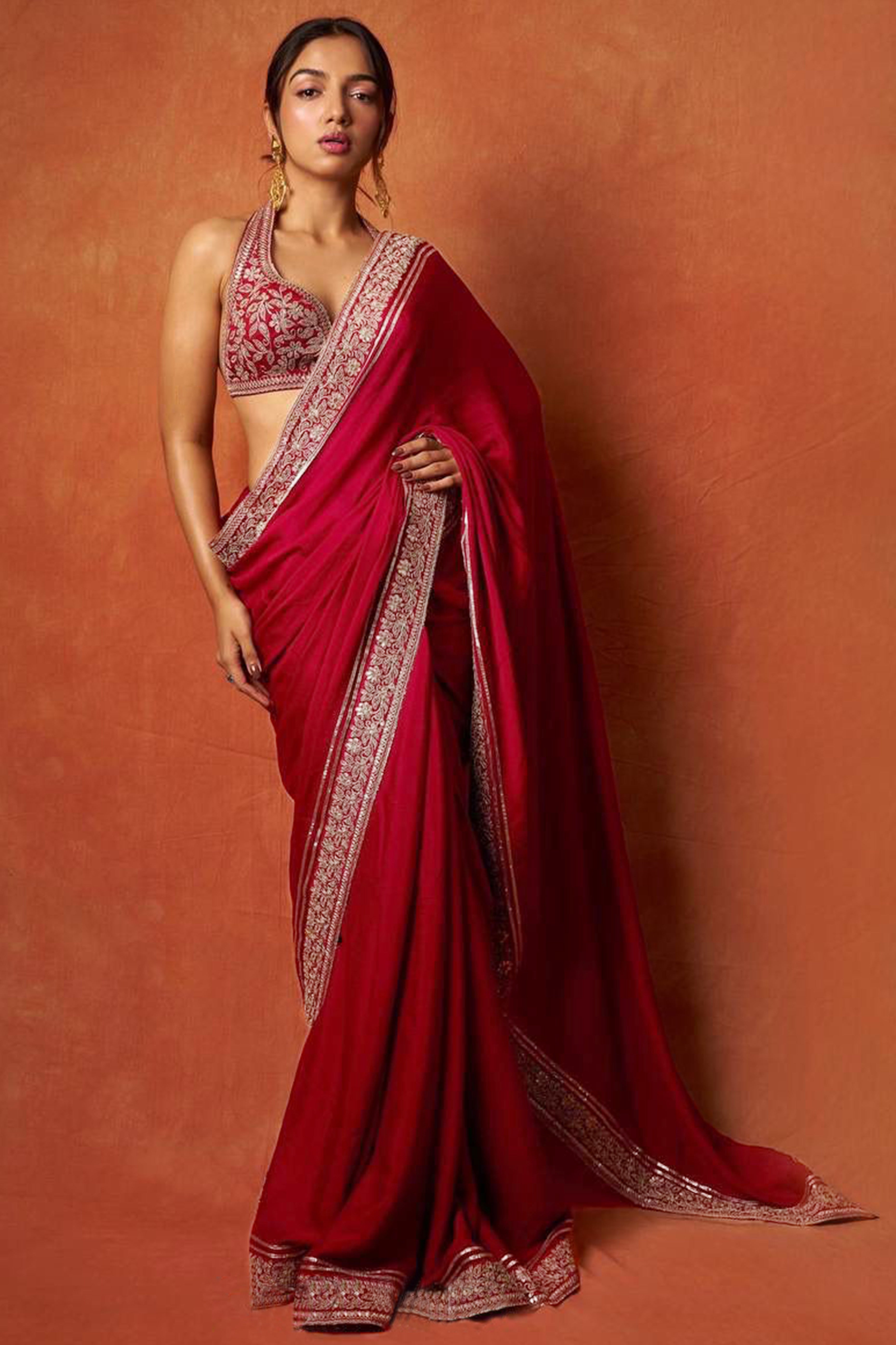 Red Partywear Silk Blend Saree Featuring Rich Silver Thread and Sequins Work
