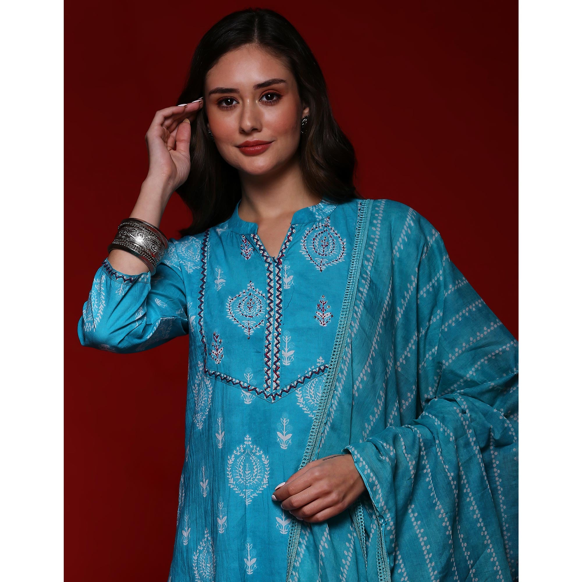 Turquoise Printed Pure Cotton Straight Salwar Suit