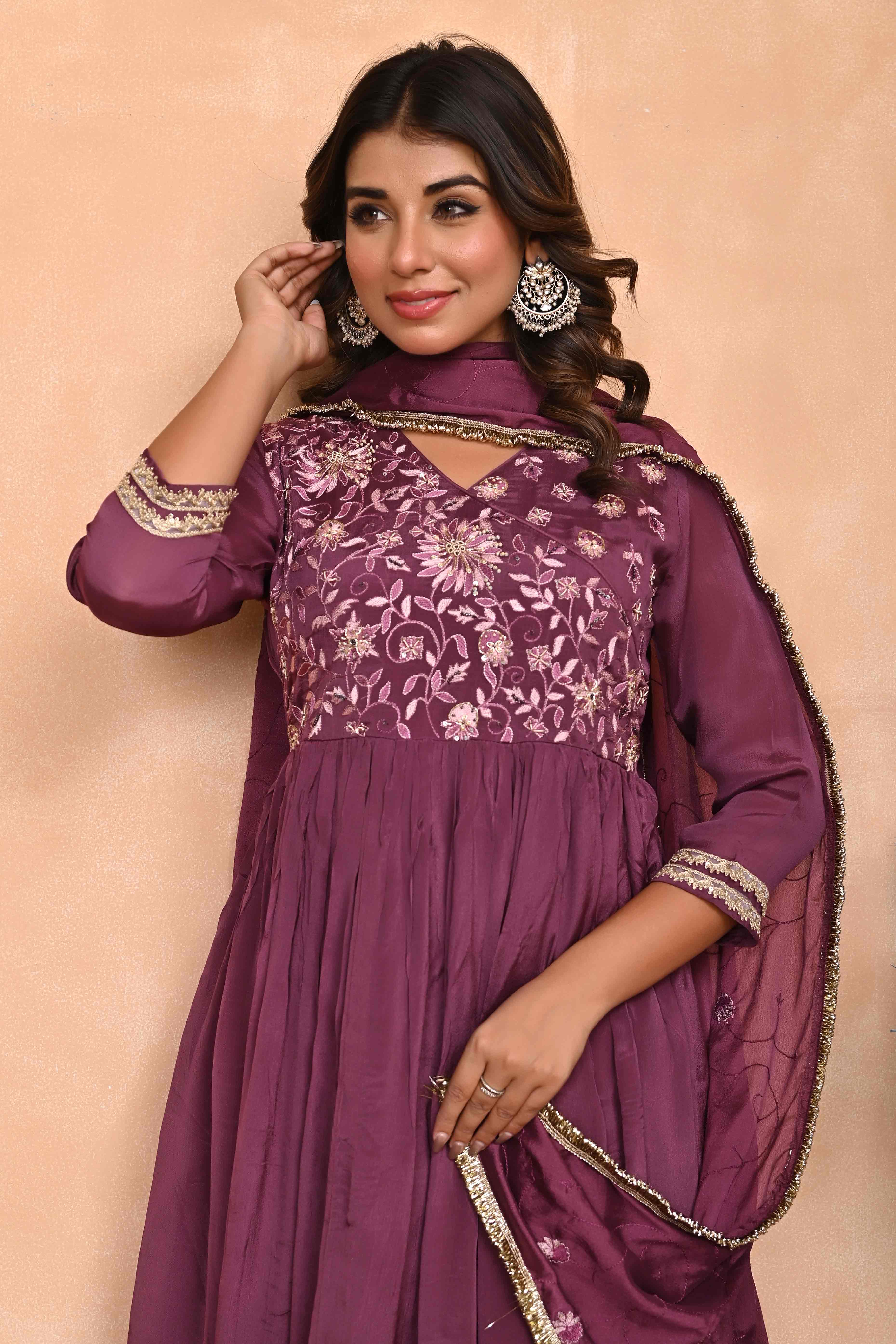 Plum Purple Chinon Anarkali with Floral Pattern & Hand-Beaded Embroidery