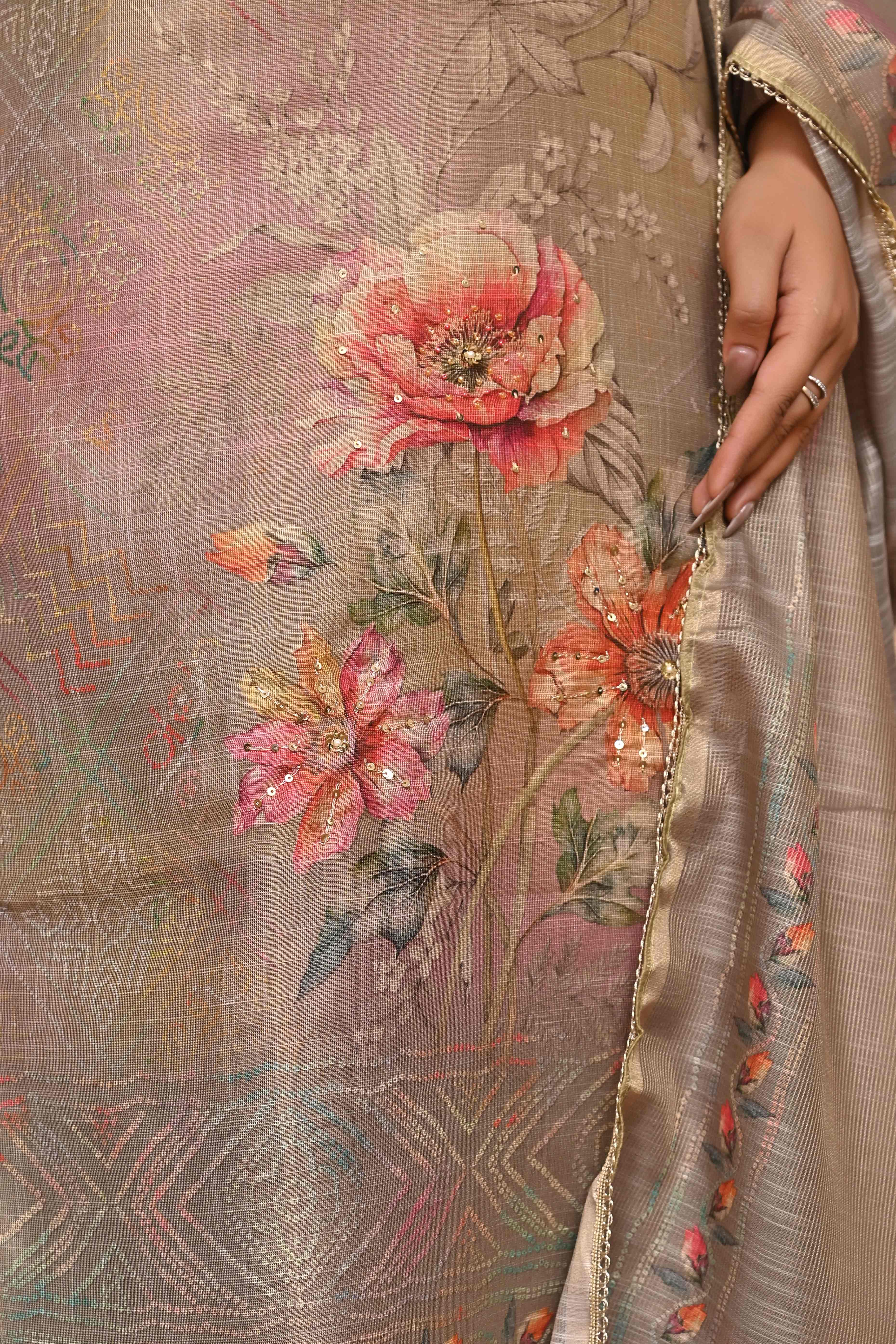 Stylish Olive Straight Cut Suit with Elegant Embroidery on Shimmer Linen