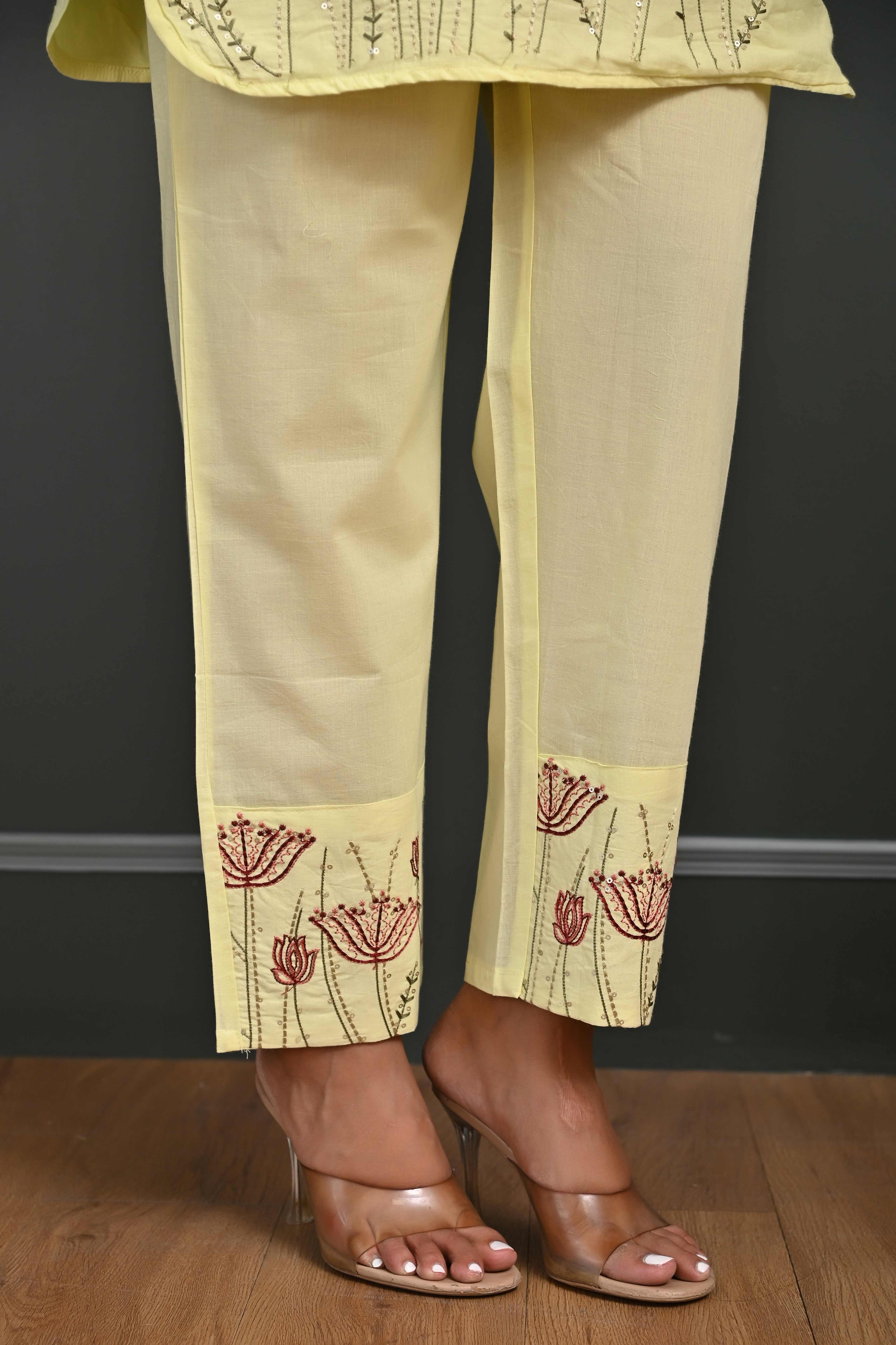 Radiant Yellow Floral Embroidered Co-Ord Set in Breathable Cotton for Stylish Comfort