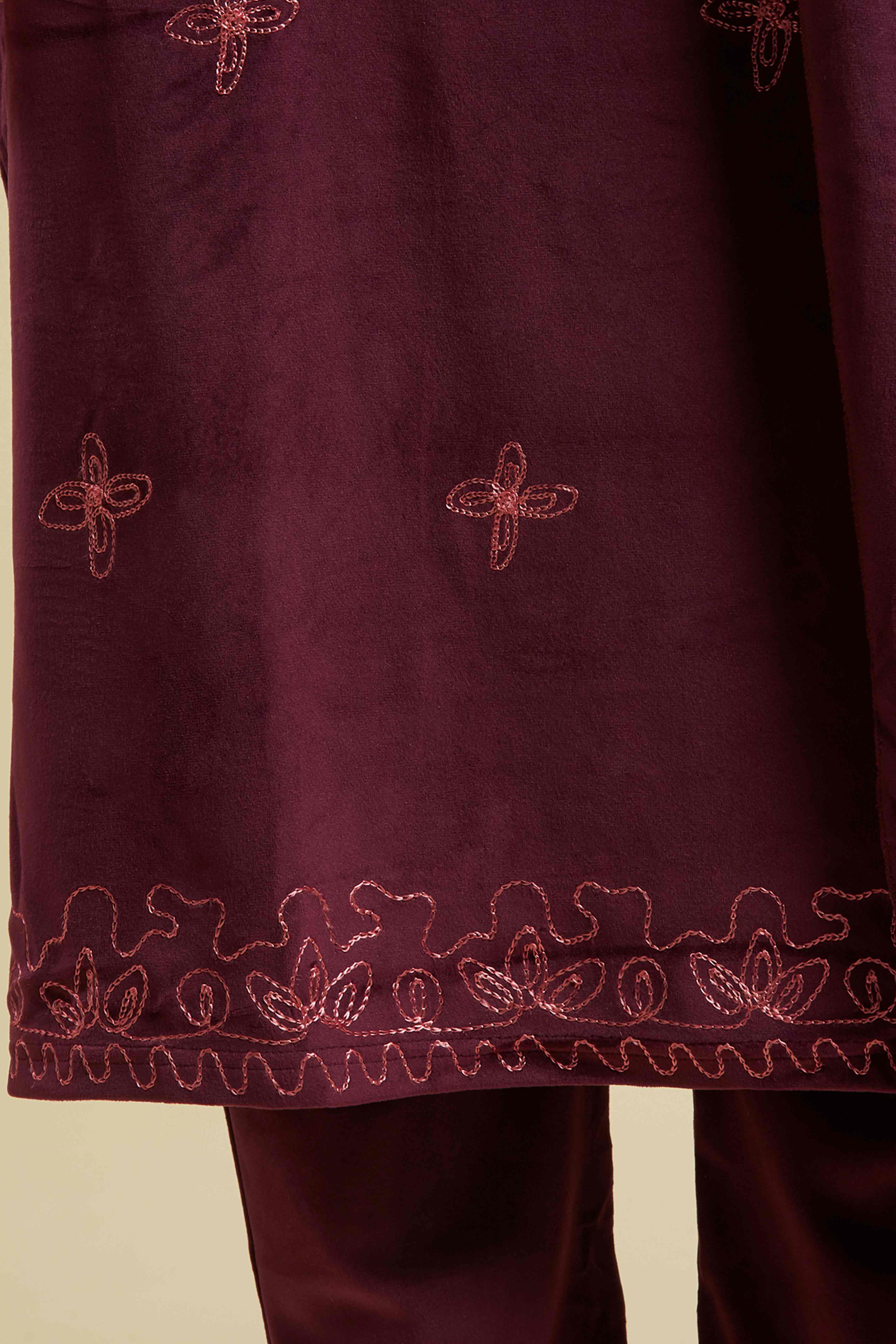 Wine Embroidered Velvet Straight Salwar Suit