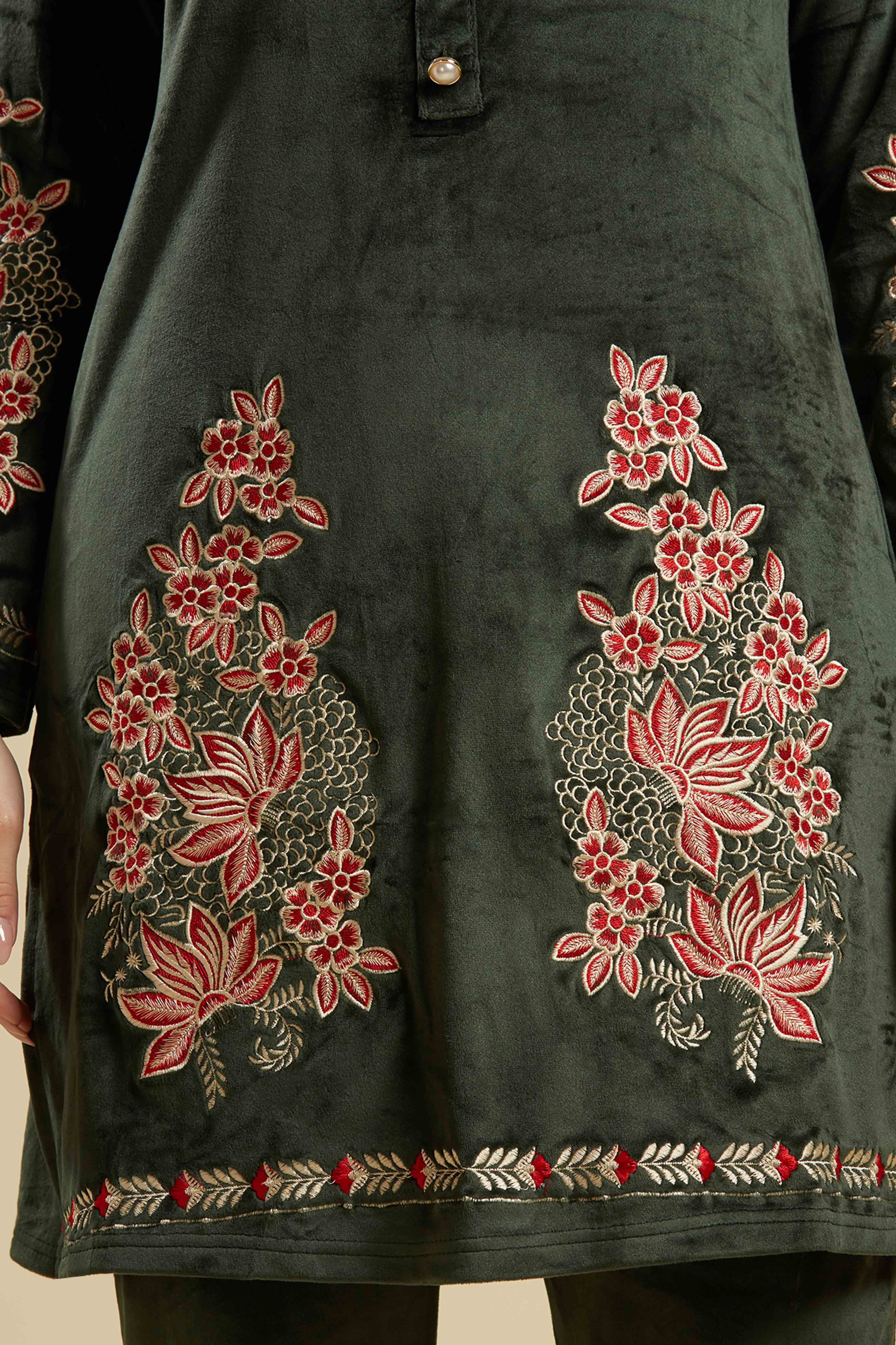 Green Embroidered Velvet Straight Top Bottom Set