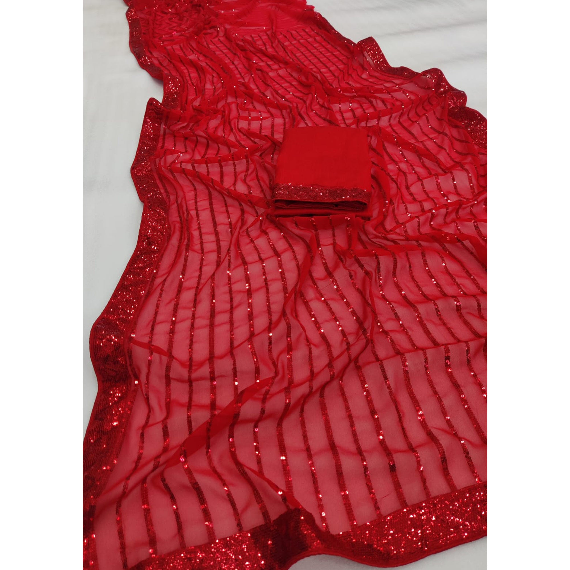 Red Sequins Embroidered Georgette Saree
