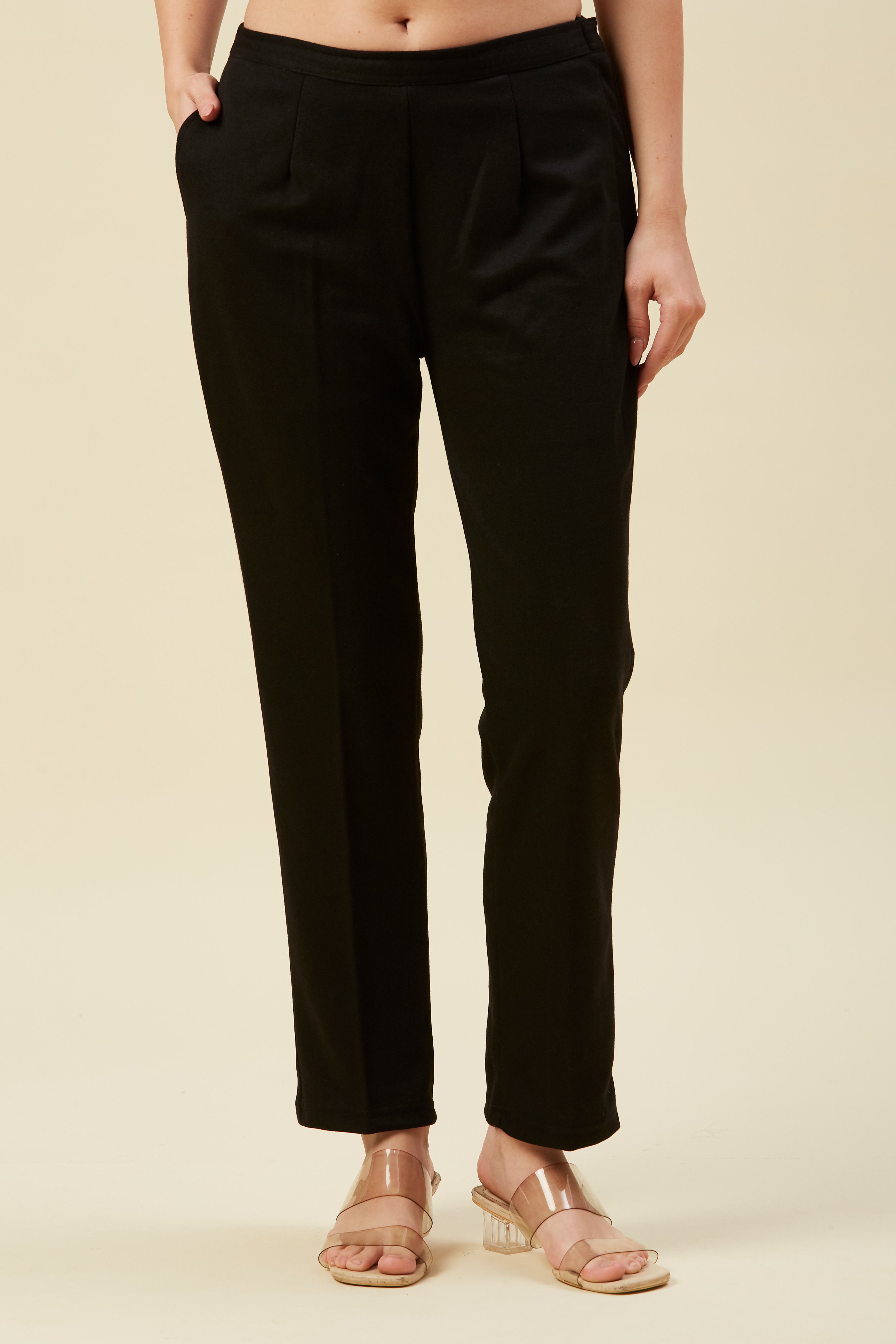 Black Woven Woolen Front Split Top Bottom Set