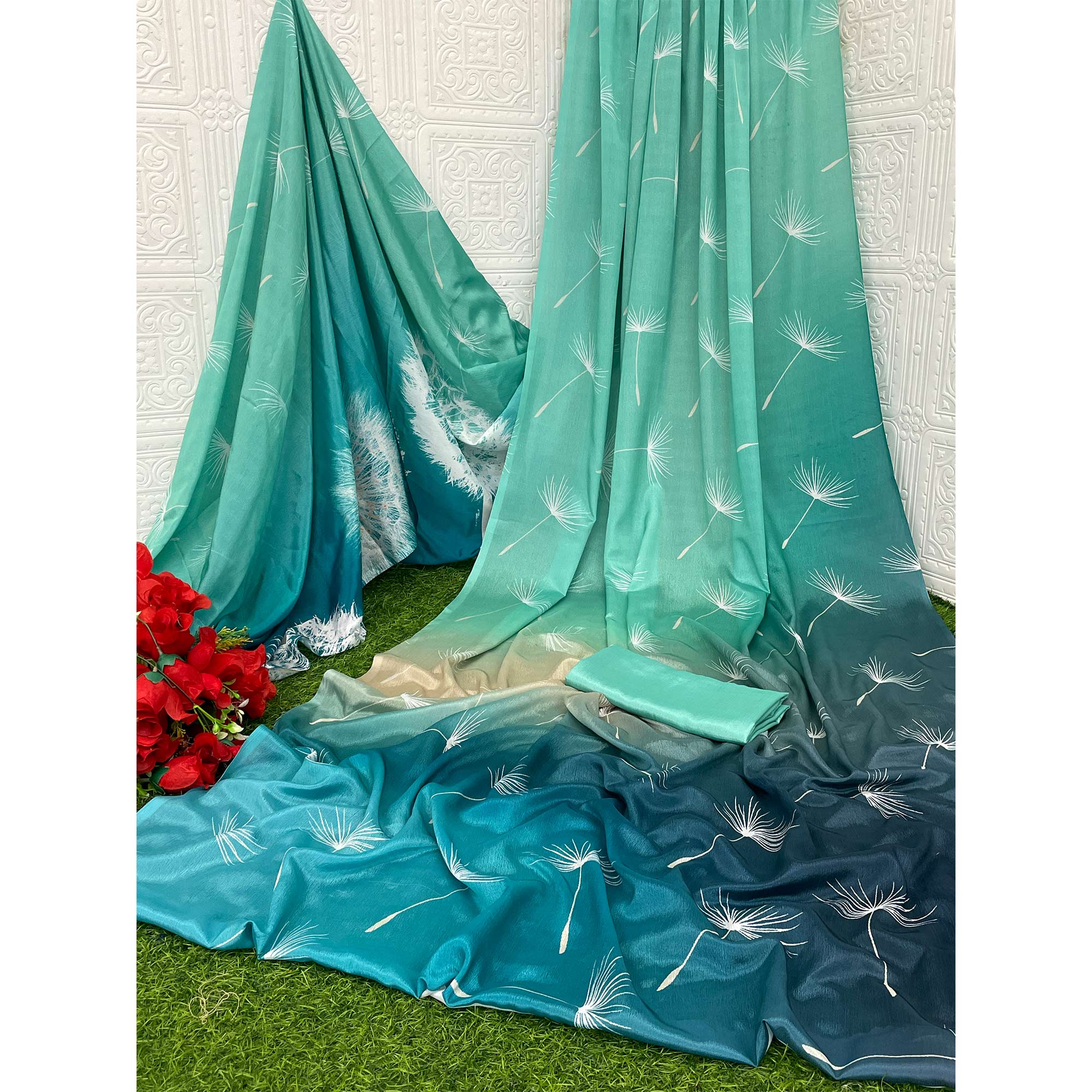 Turquoise Digital Printed Chinon Saree