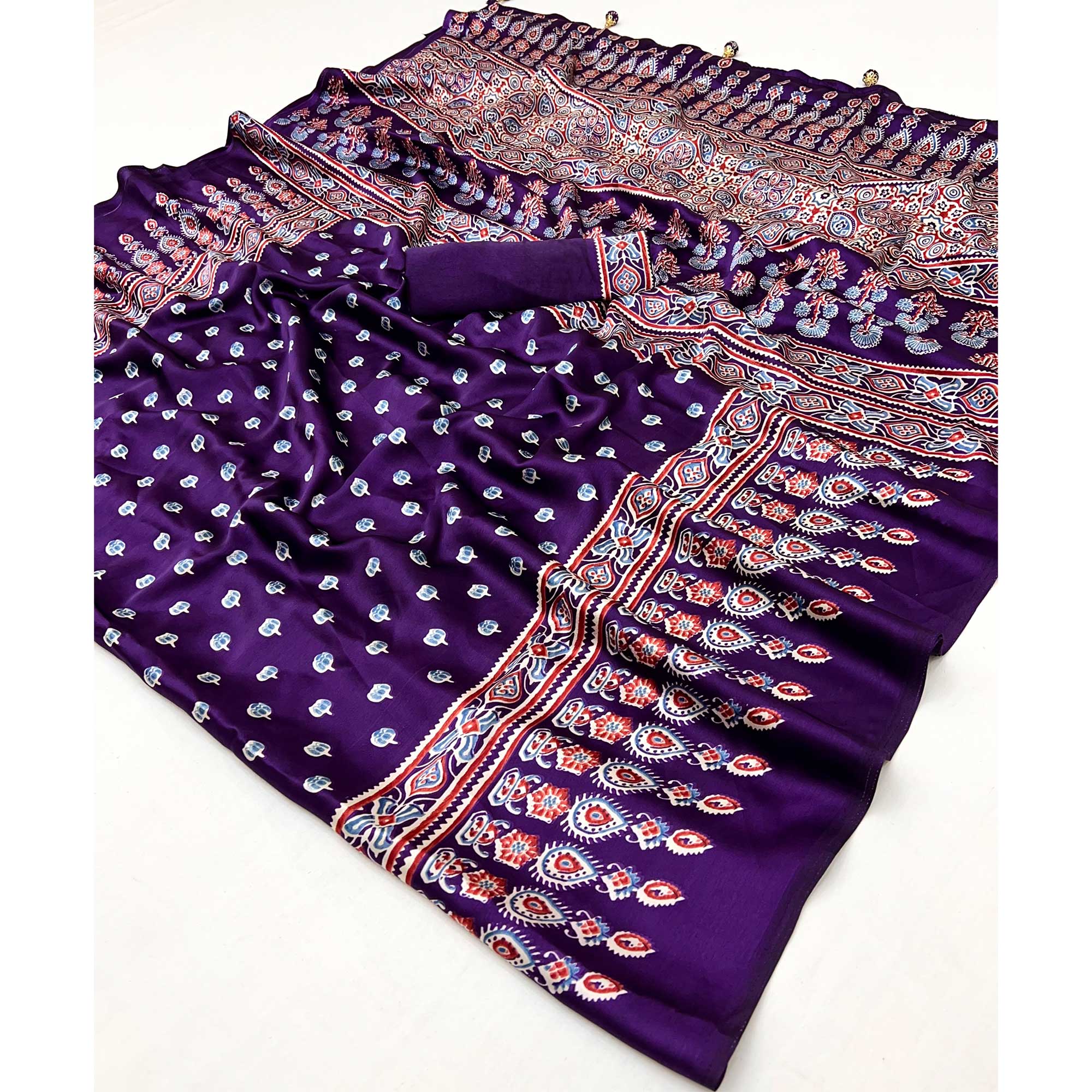 Purple Ajrakh Inspired Printed Modal Satin Saree for Party Occasions
