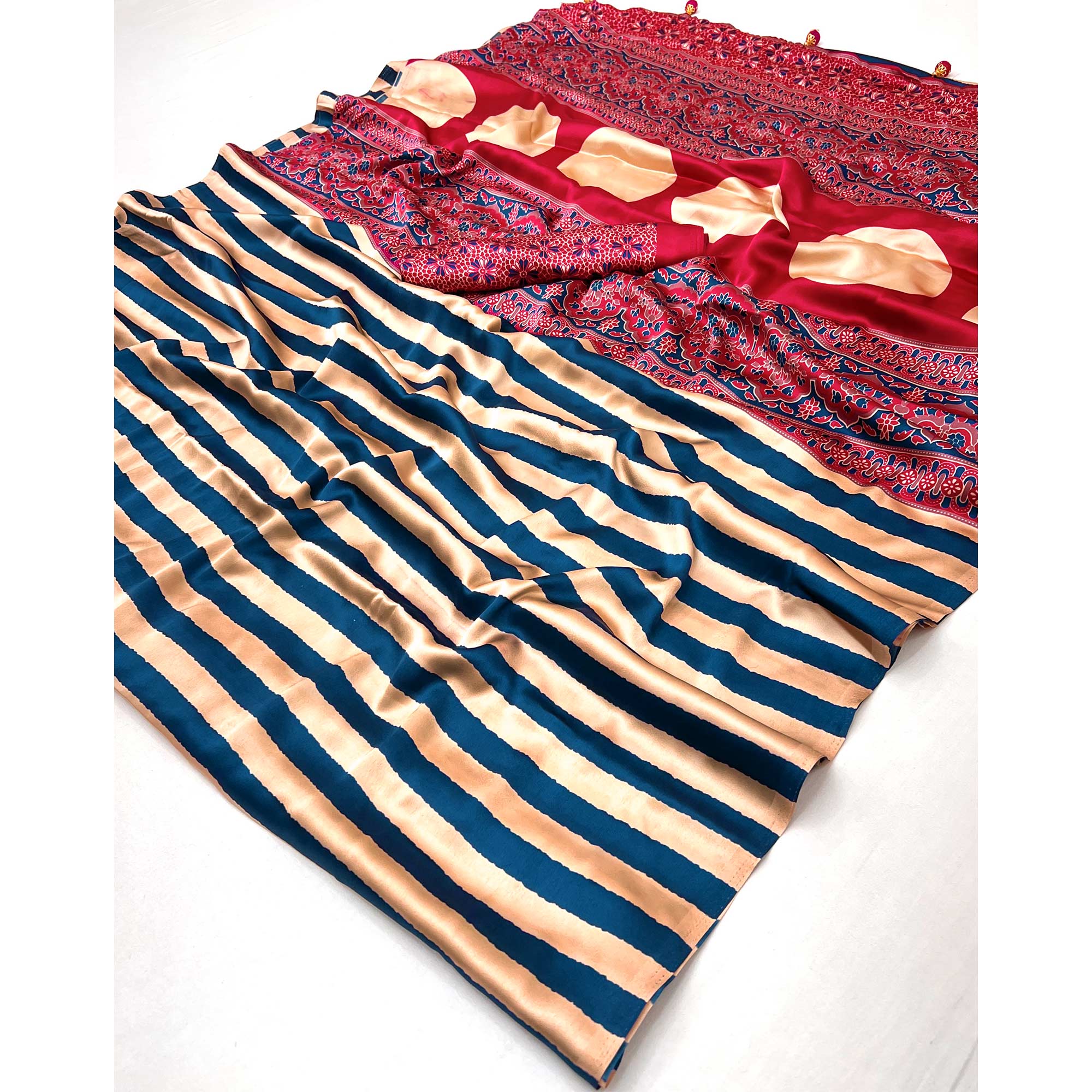Blue Modal Satin Saree with Subtle Stripe Design and Ajrakh Print on Pallu