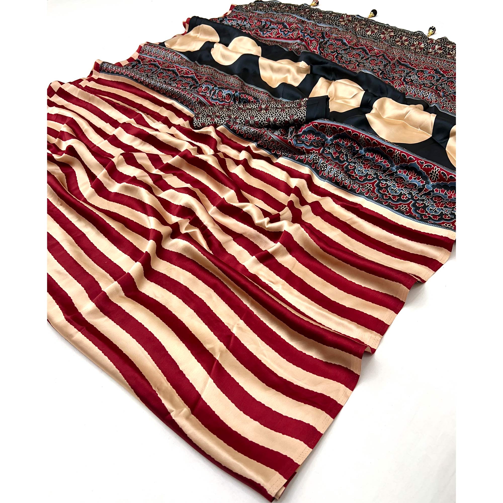 Red Modal Satin Saree with Subtle Stripe Design and Ajrakh Print on Pallu
