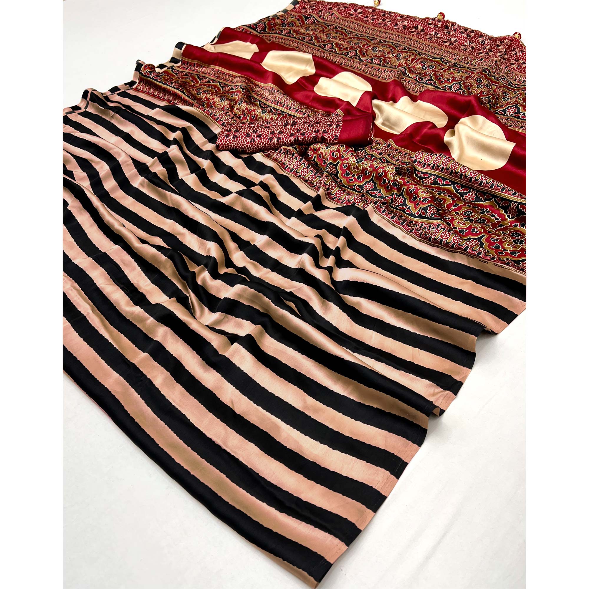 Black Modal Satin Saree with Subtle Stripe Design and Ajrakh Print on Pallu