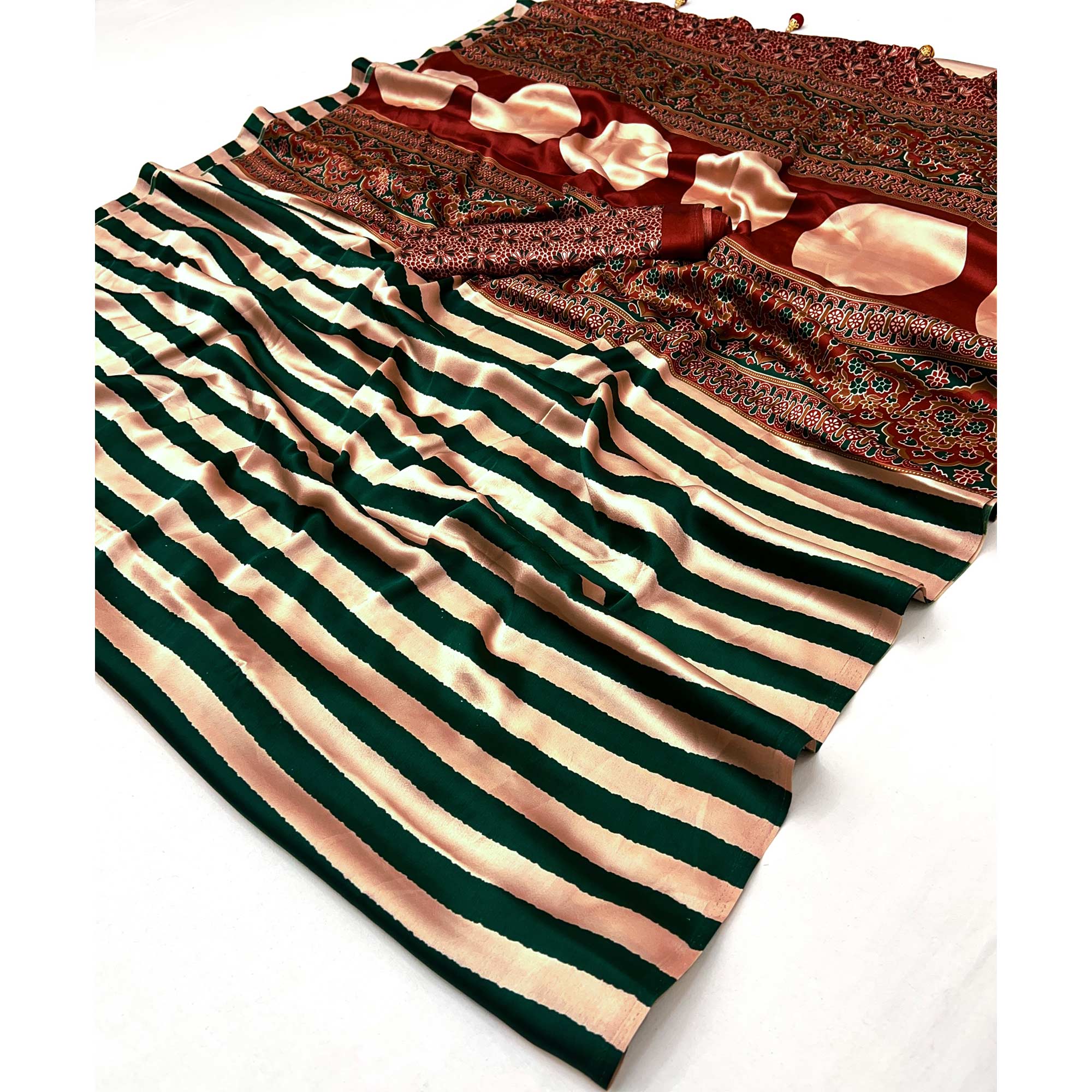 Green Modal Satin Saree with Subtle Stripe Design and Ajrakh Print on Pallu