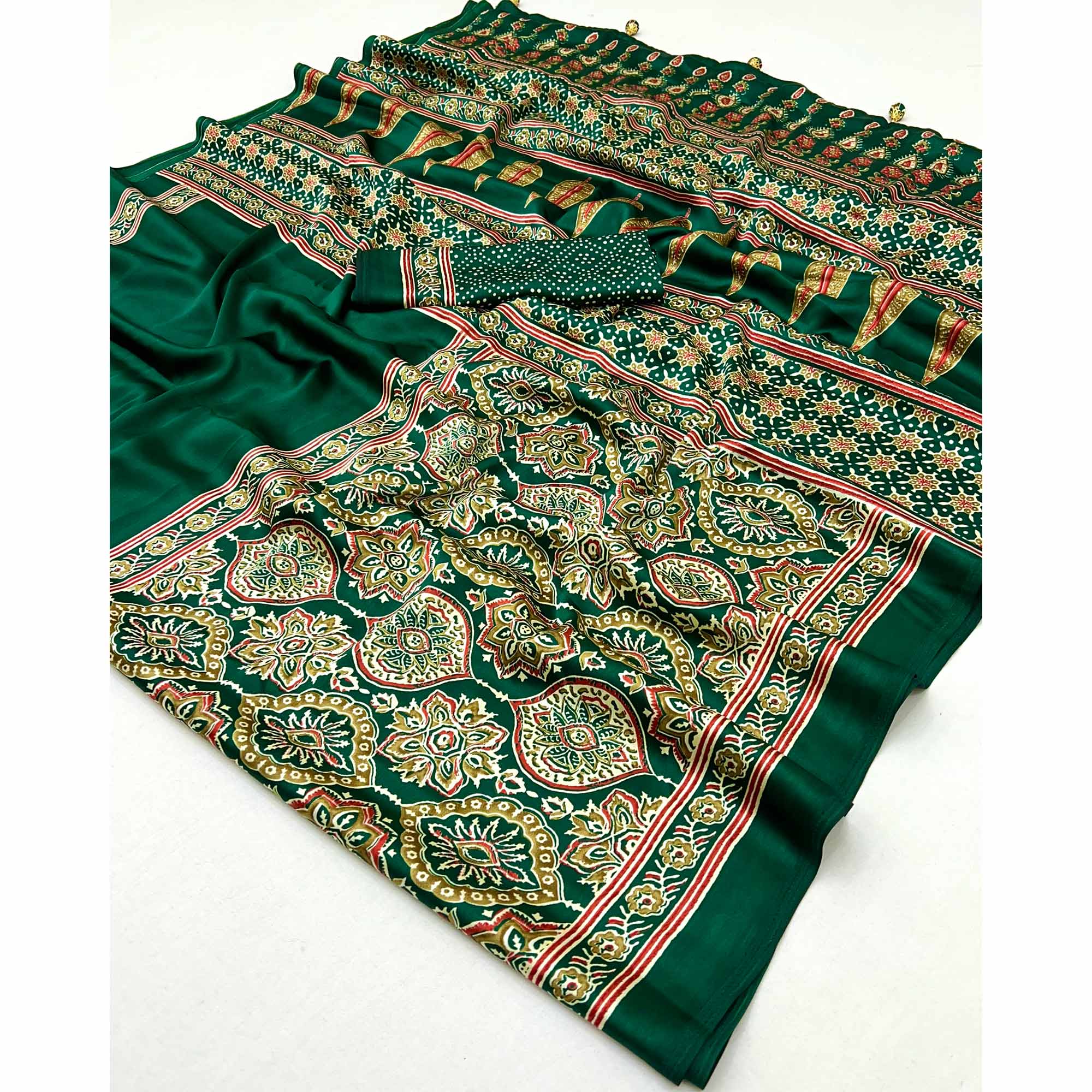 Green Ajrakh Printed Modal Satin Saree with Rich Party Wear Look