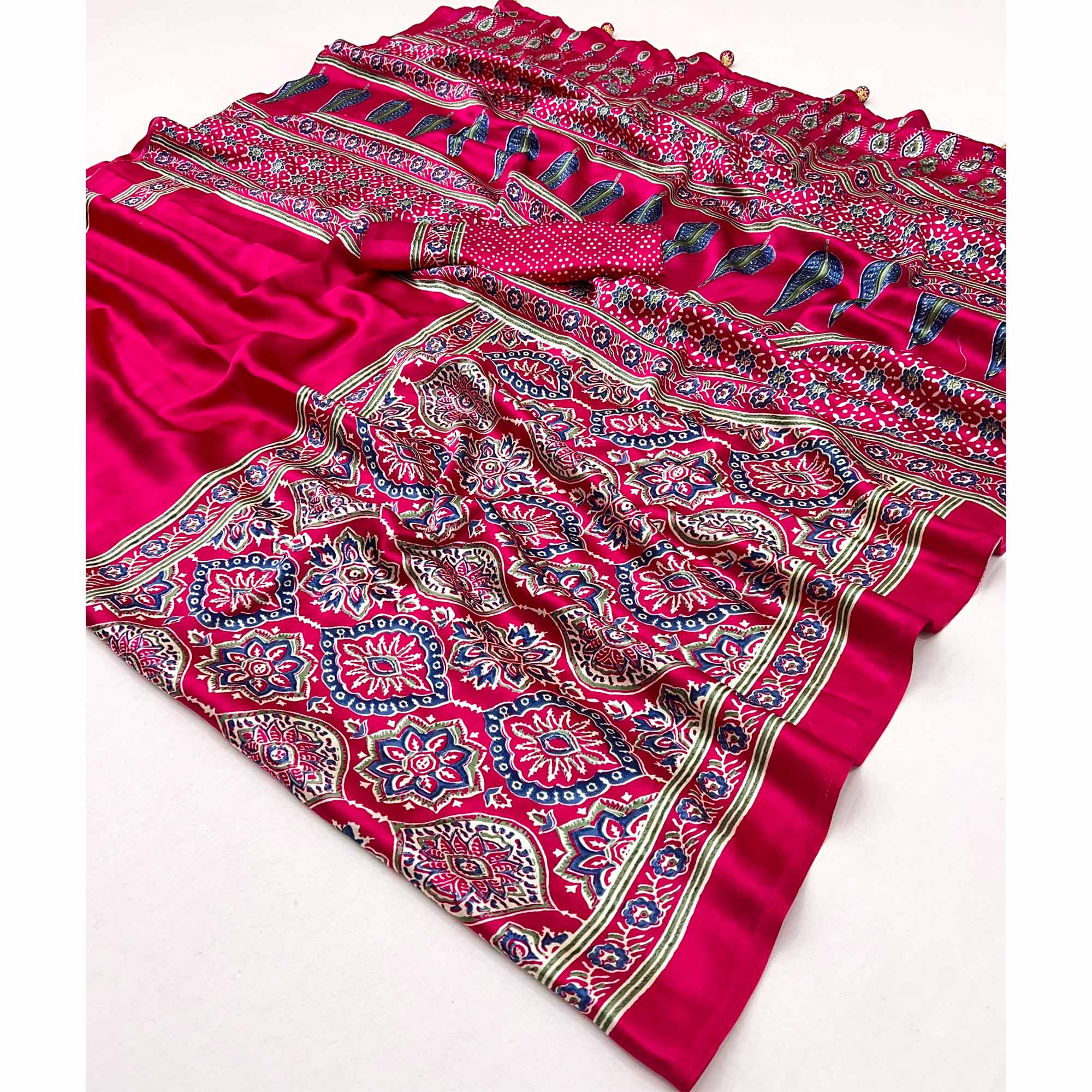 Pink Ajrakh Printed Modal Satin Saree with Rich Party Wear Look