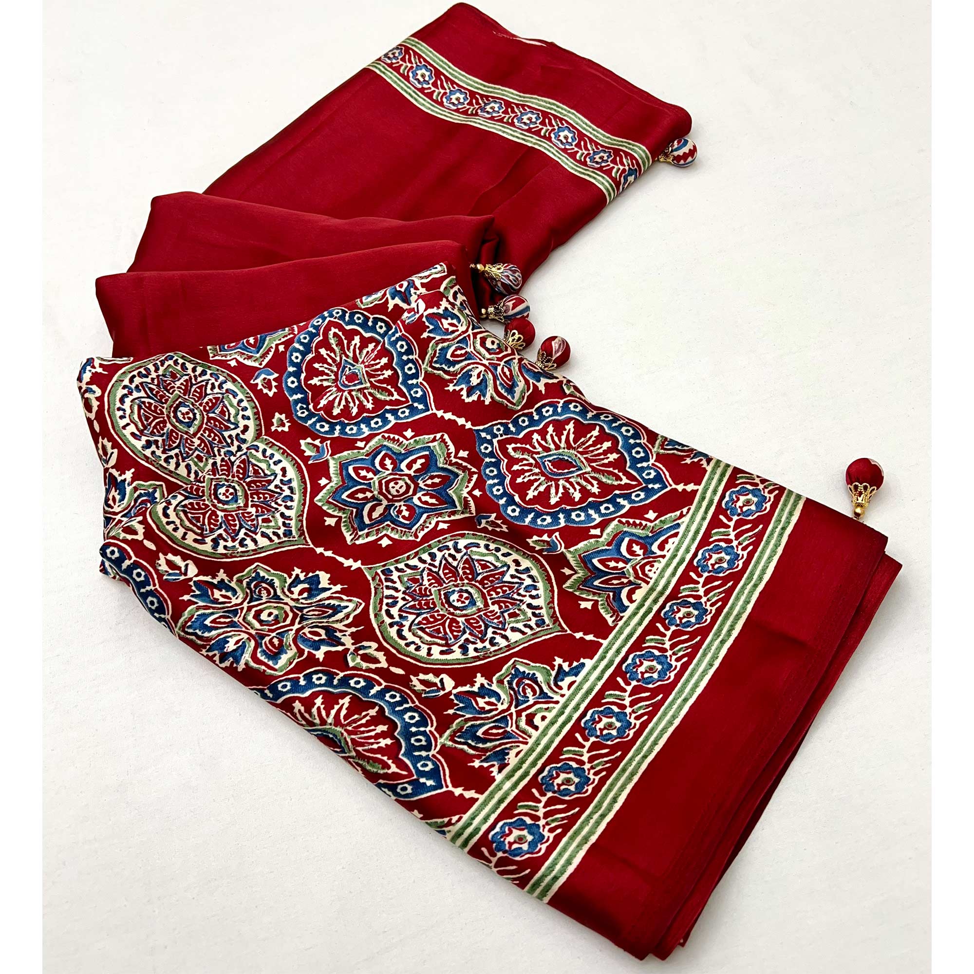 Red Ajrakh Printed Modal Satin Saree with Rich Party Wear Look