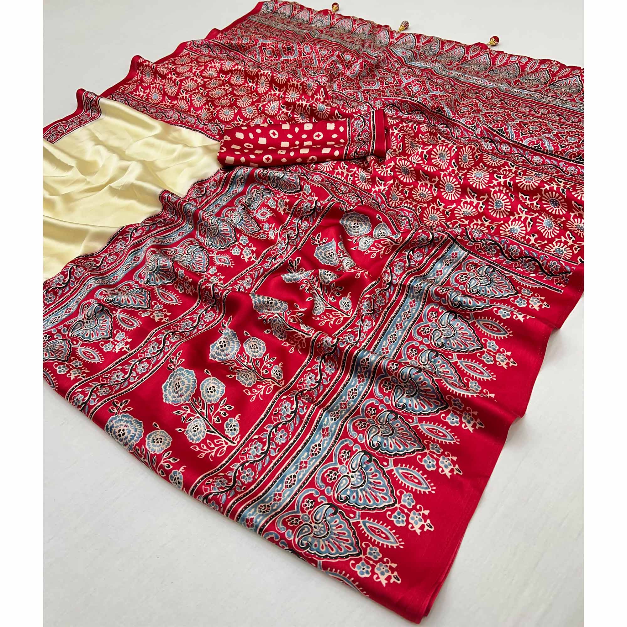 Cream & Red Ajrakh Printed Modal Satin Saree with Elegant Party Wear Appeal