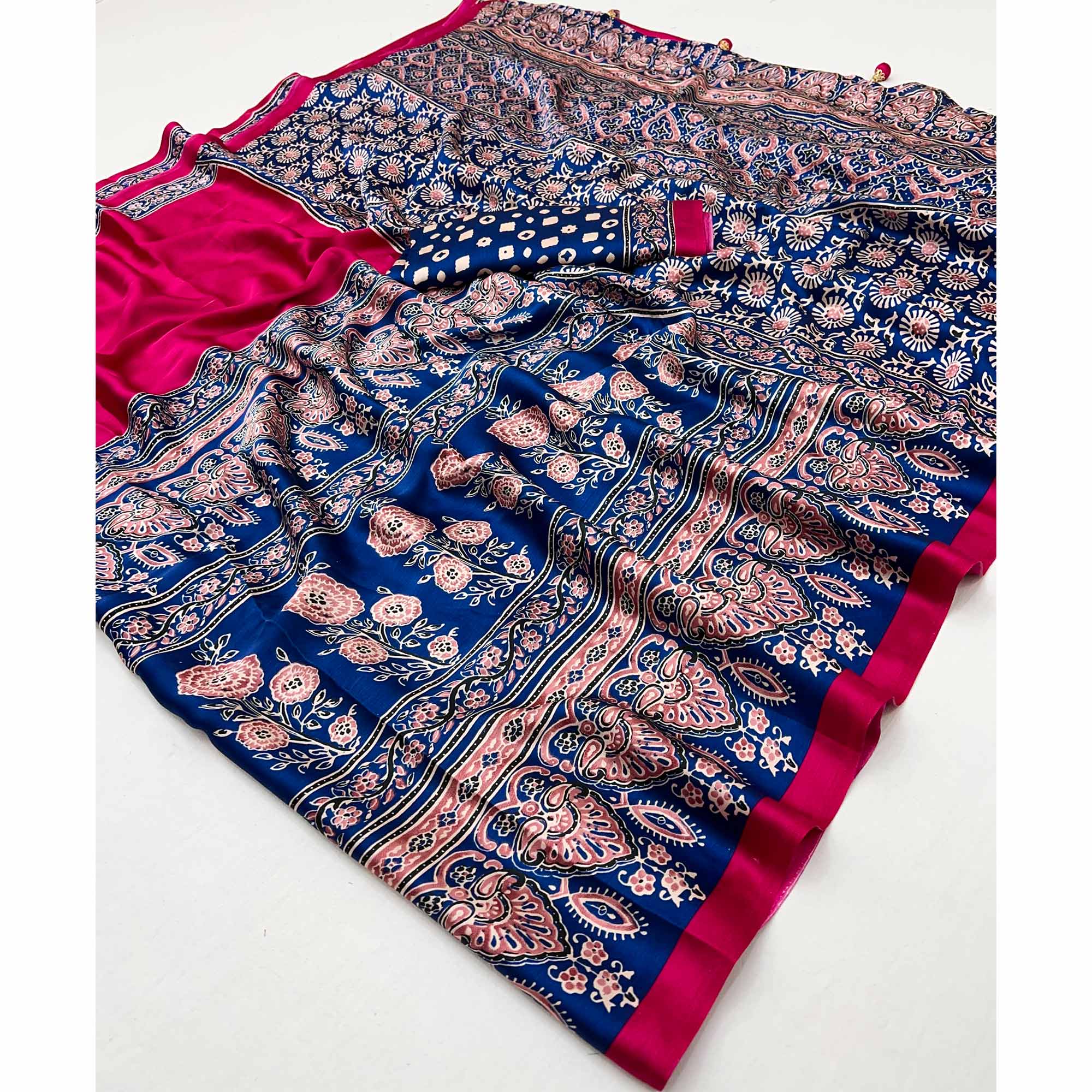 Pink & Blue Ajrakh Printed Modal Satin Saree with Elegant Party Wear Appeal