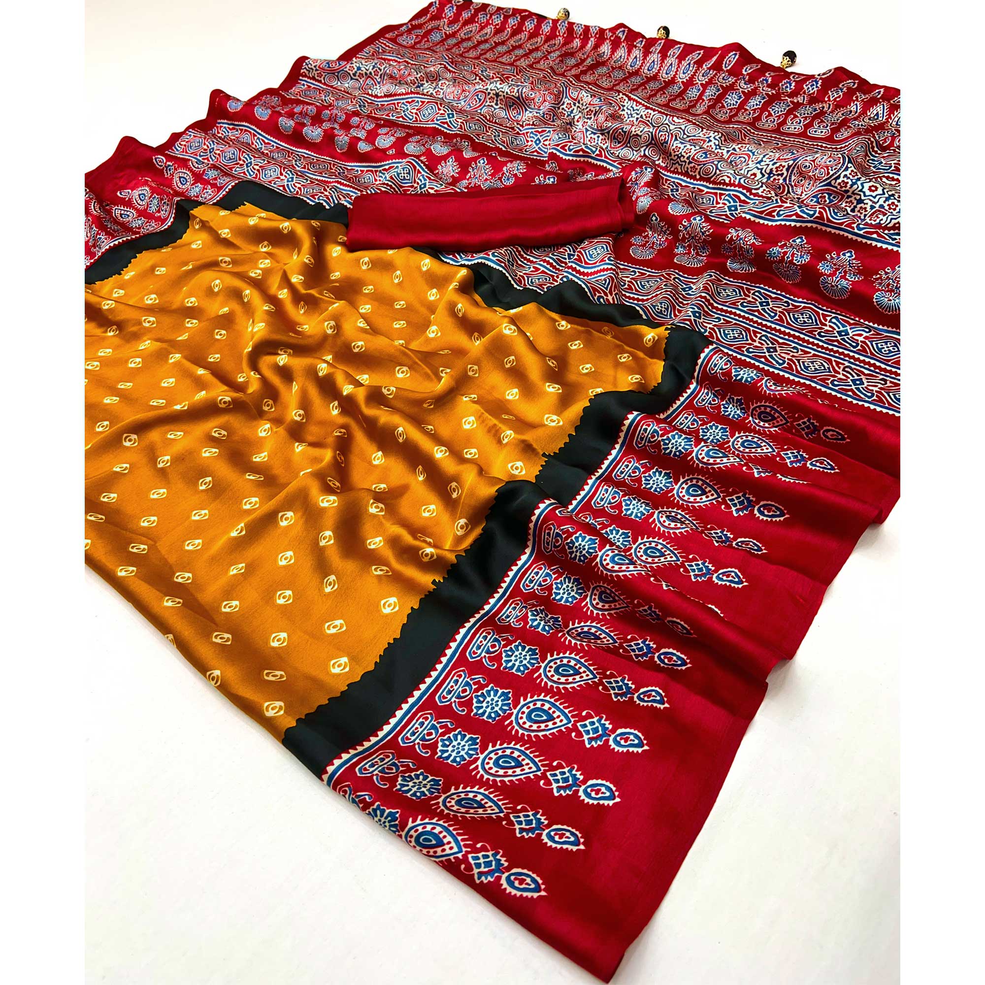 Mustard Ajrakh Printed Modal Satin Saree with Traditional Ajrakh Charm