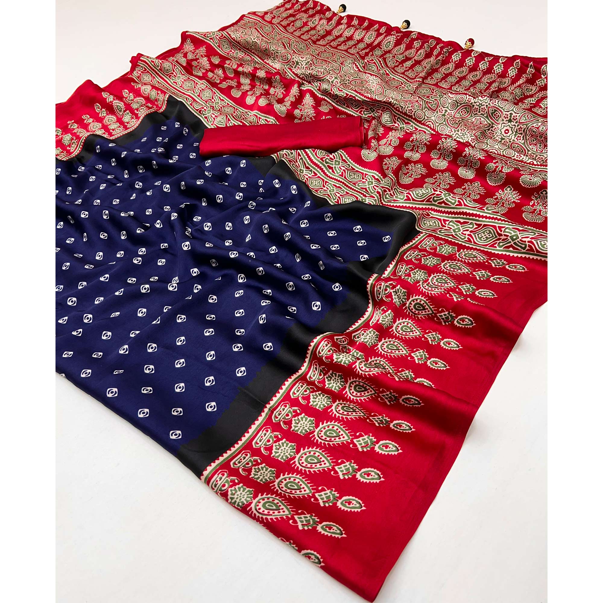 Blue Ajrakh Printed Modal Satin Saree with Traditional Ajrakh Charm