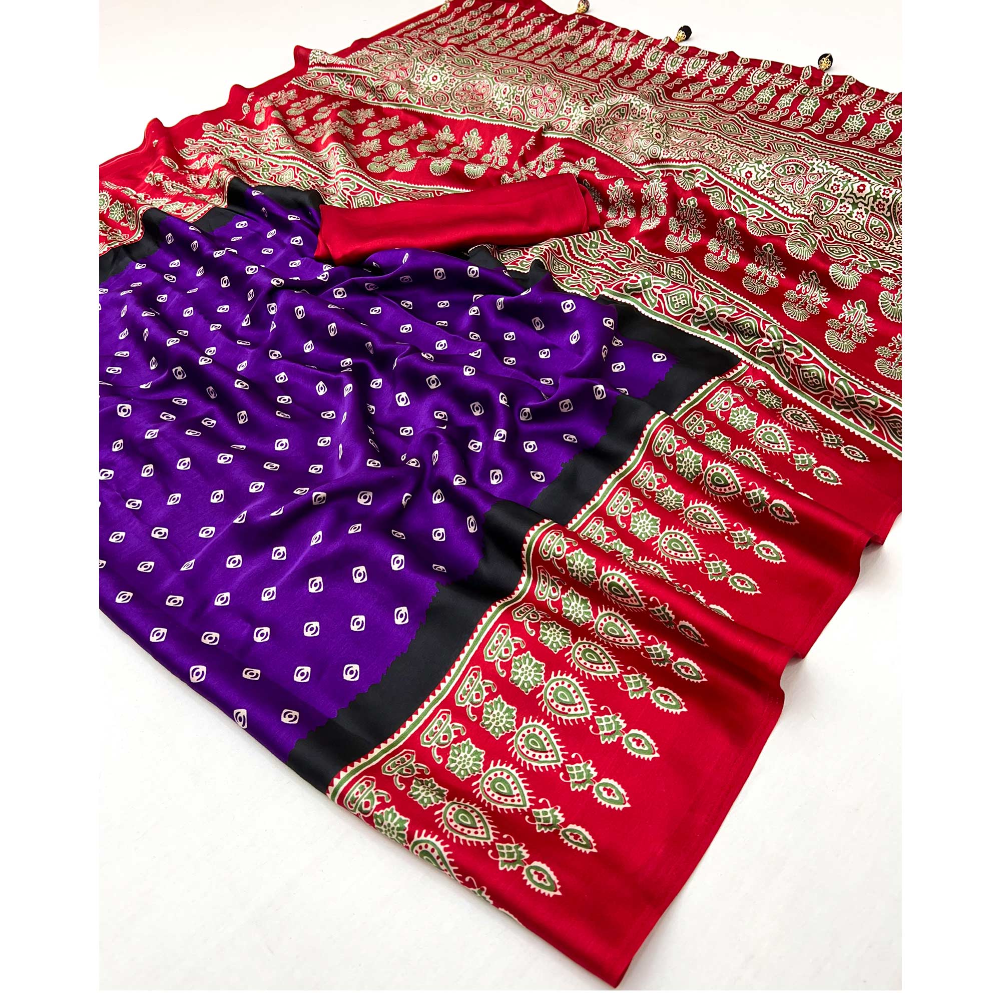 Purple Ajrakh Printed Modal Satin Saree with Traditional Ajrakh Charm