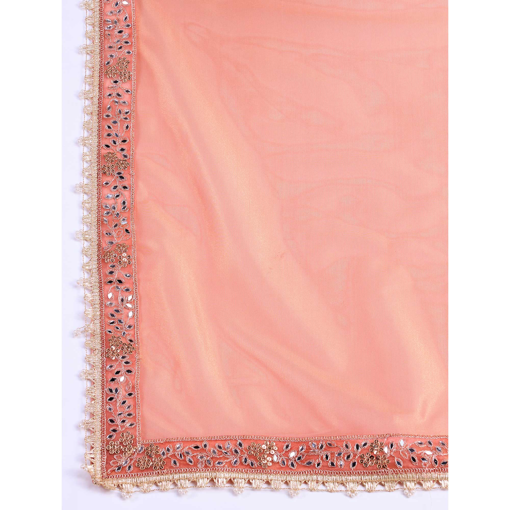 Peach Sequins Embroidery With Mirror Handwork Twill Net Saree