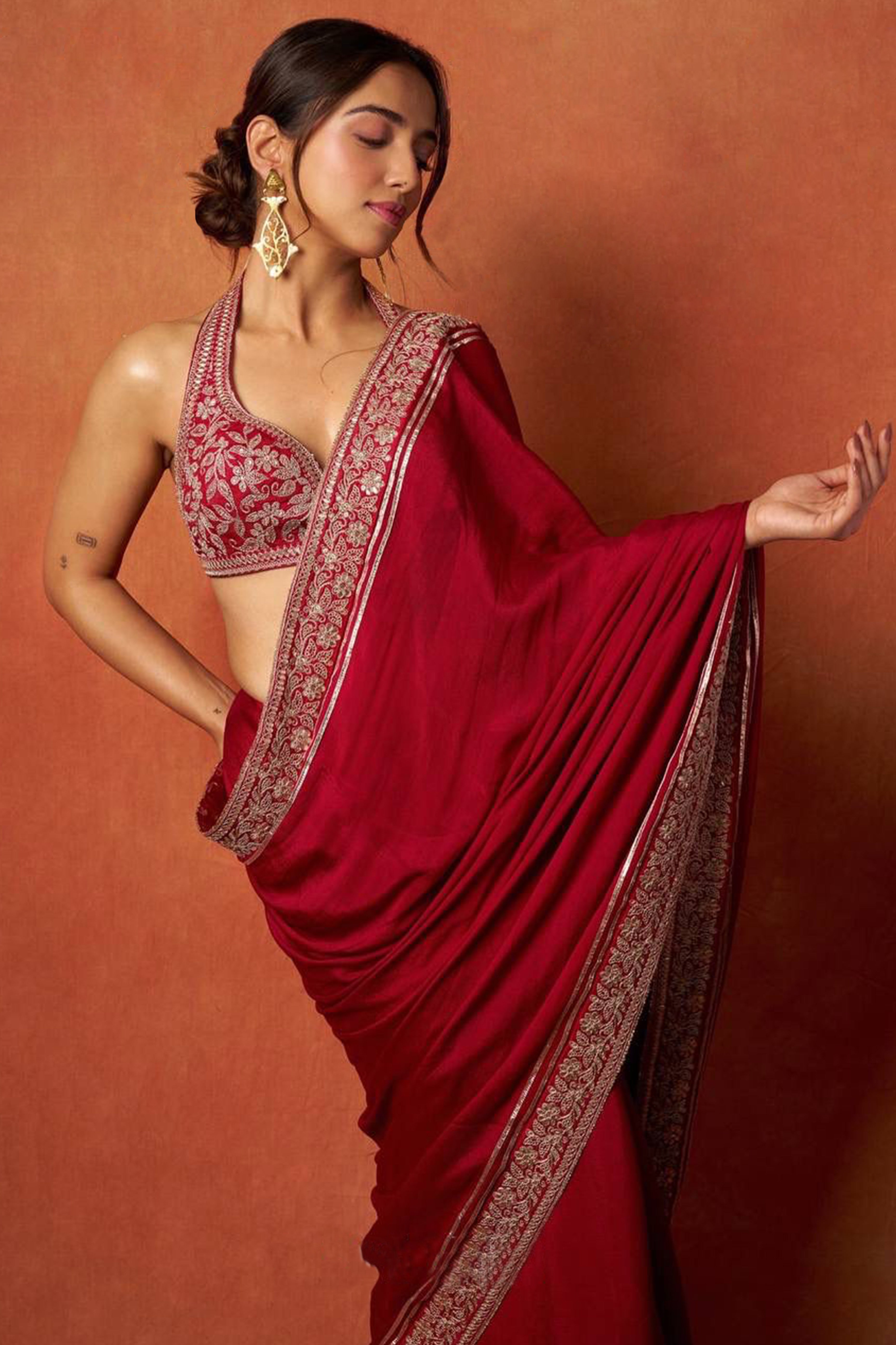 Red Partywear Silk Blend Saree Featuring Rich Silver Thread and Sequins Work