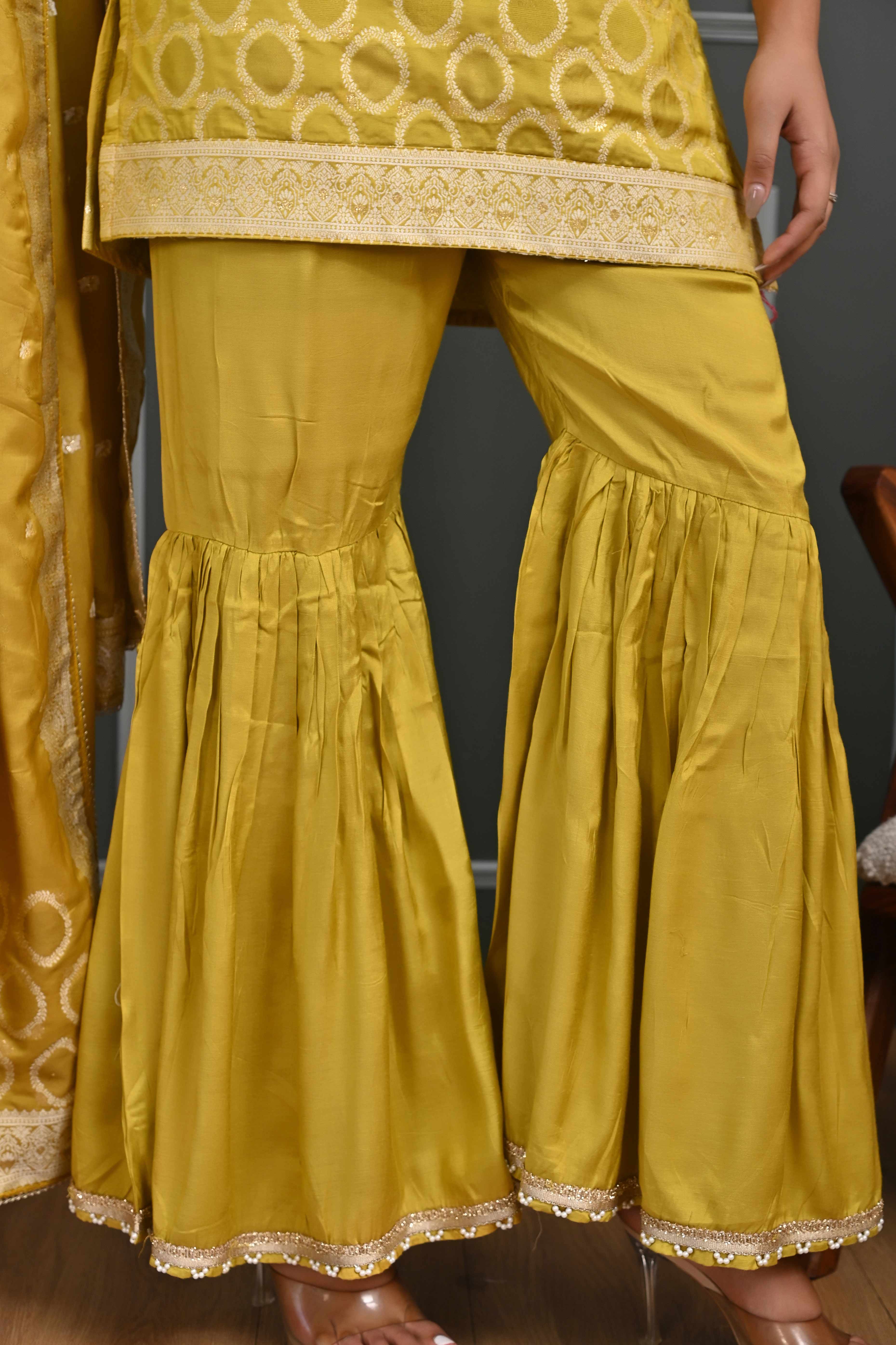 Vibrant Mustard Zari Weaving Cotton Silk Sharara Suit Ensemble