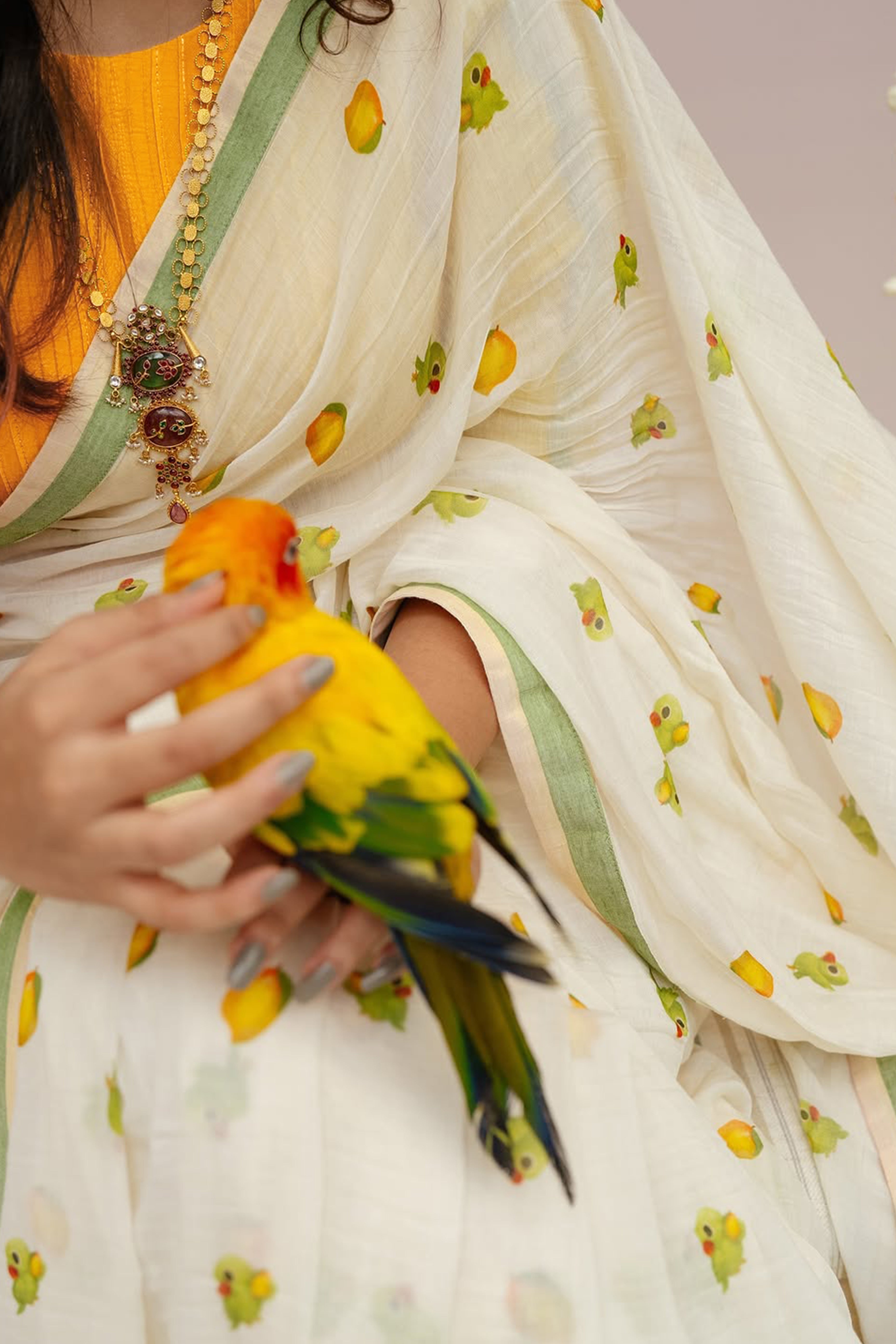 Minimalist Off White Linen Cotton Saree with Elegant Printed Patterns