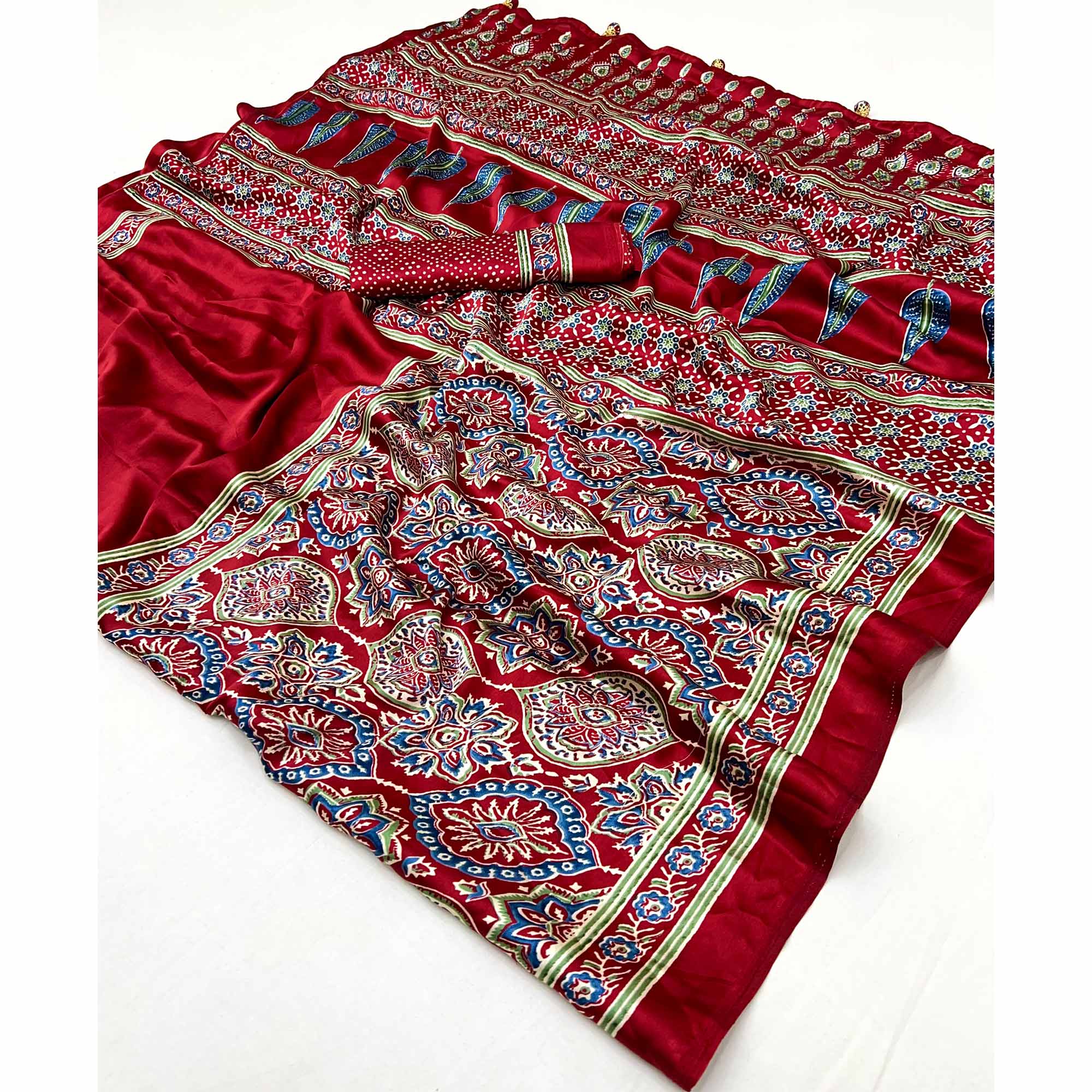Red Ajrakh Printed Modal Satin Saree with Rich Party Wear Look