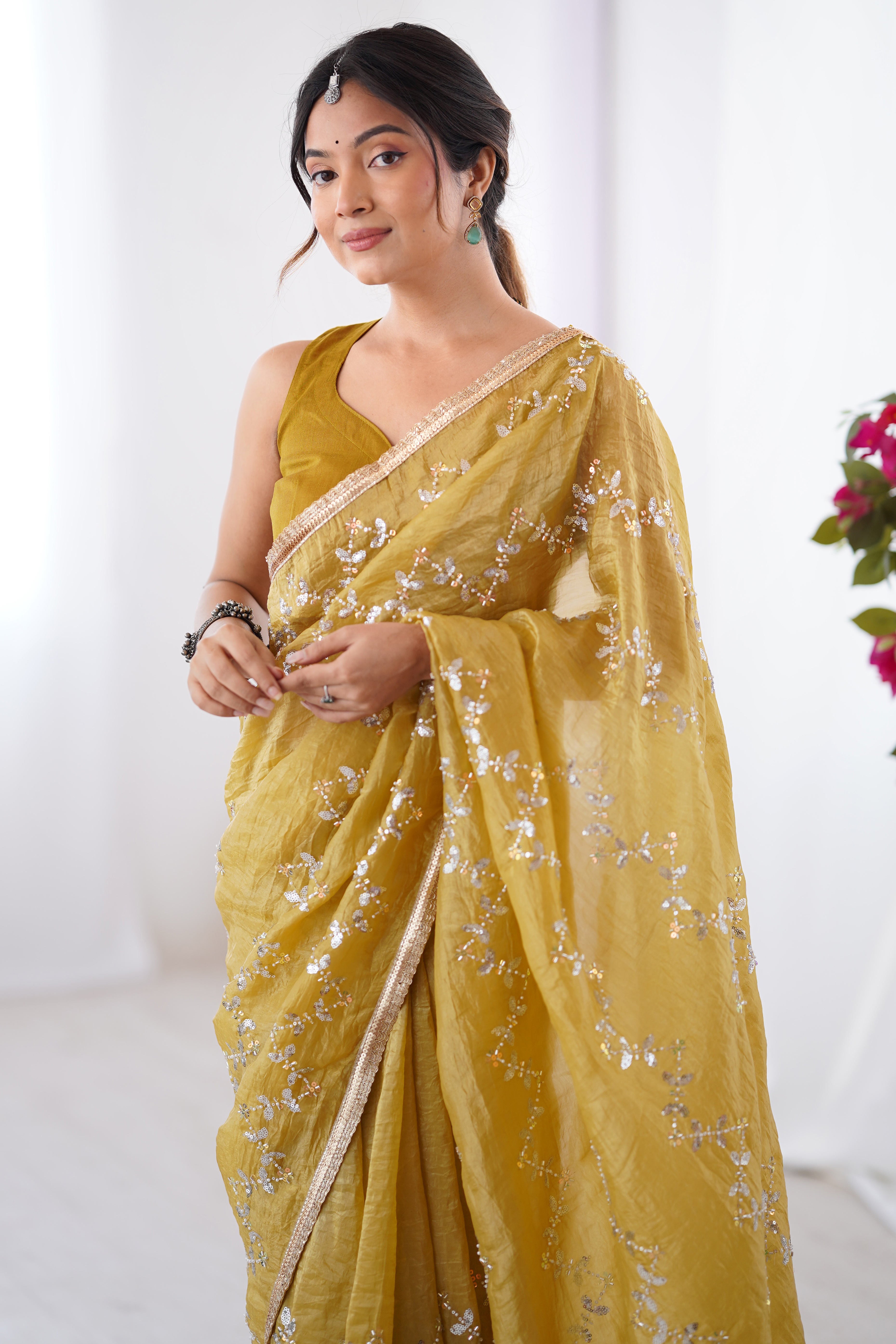 Dazzling Mustard Yellow Organza Saree Accented with Sequin, Bead & Stone Work and Delicate Lace Detailing