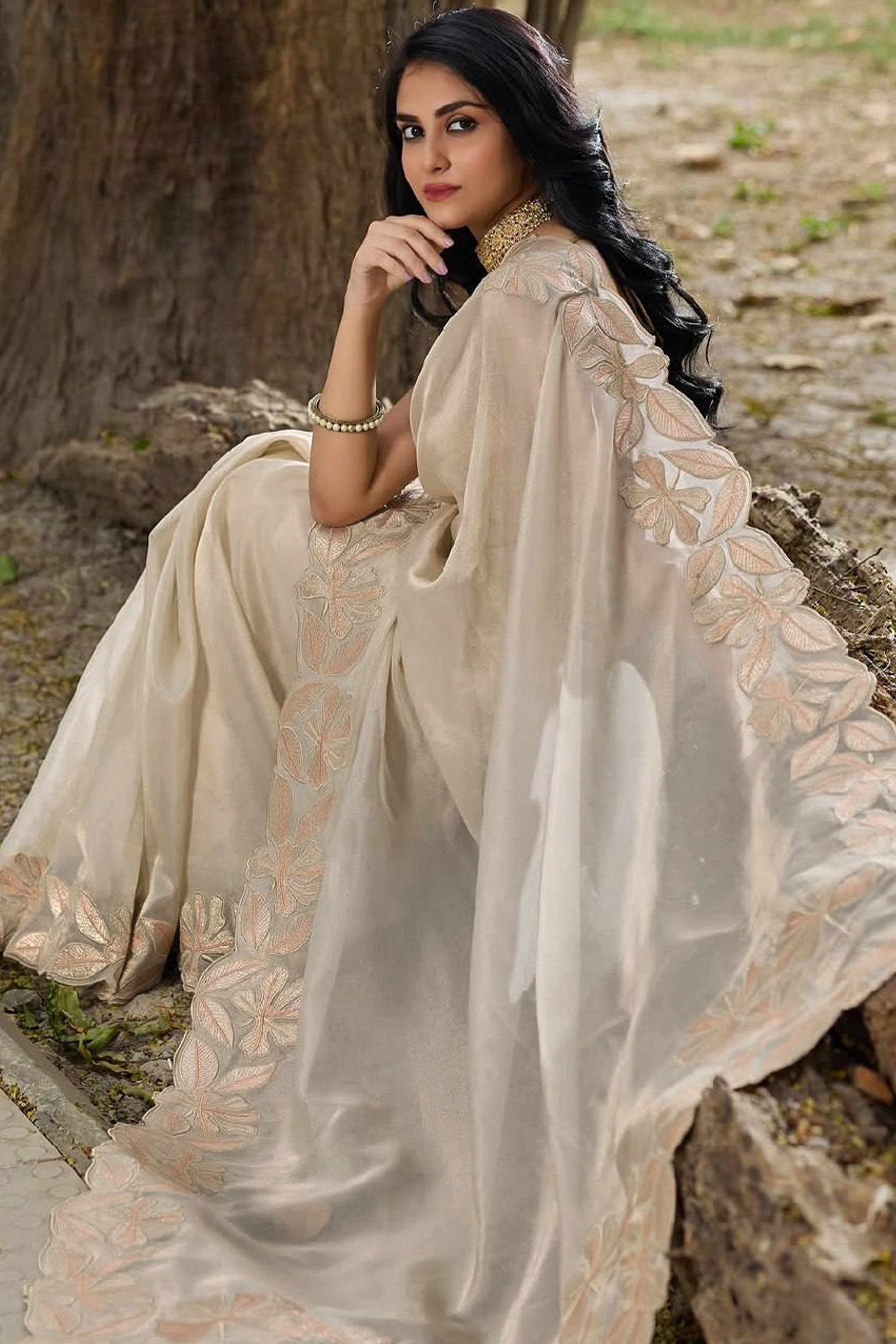Sophisticated Beige Organza Silk Saree Beautified With Intricate Floral Embroidery & Sequins Work