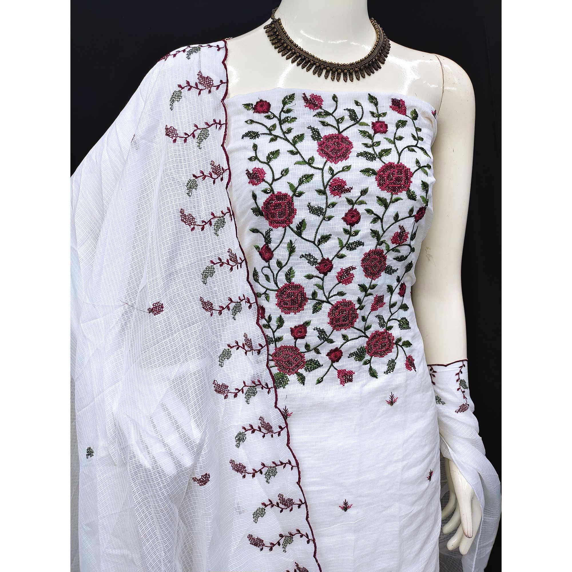 White Floral Sequins Embroidered Kota Doria Dress Material