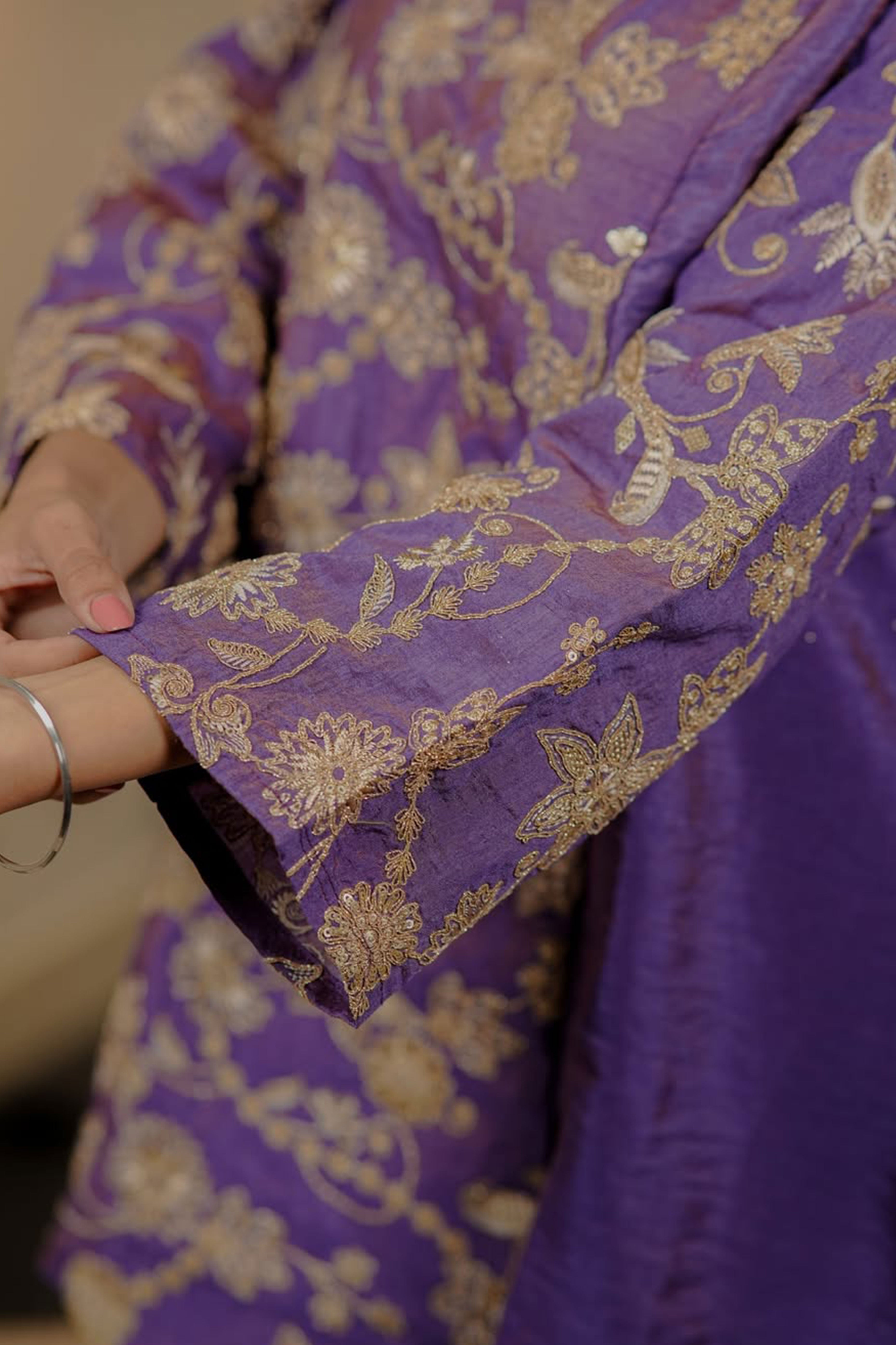 Purple Mirai Viscose Top Bottom Set Adorned with Beautiful Golden Thread Floral Embroidery