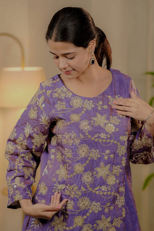 Purple Mirai Viscose Top Bottom Set Adorned with Beautiful Golden Thread Floral Embroidery