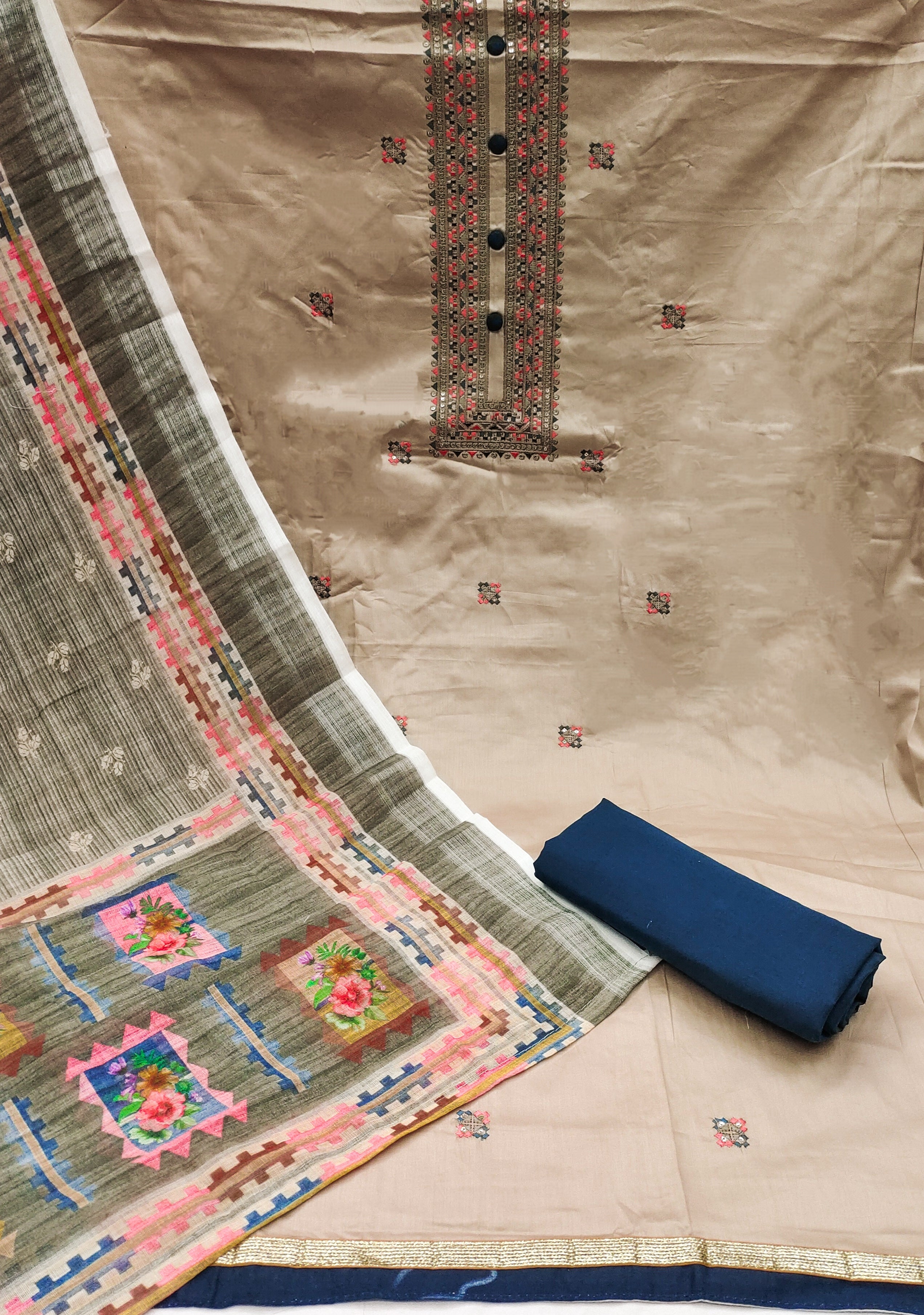 Chikoo Sequins Embroidered Pure Cotton Dress Material