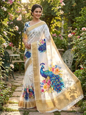 White & Blue Floral Printed Dola Silk Saree With Woven Broder