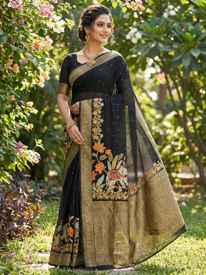 Elegant Black Elephant & Floral Printed Georgette Saree Accented With Gleaming Weaving Zari Border